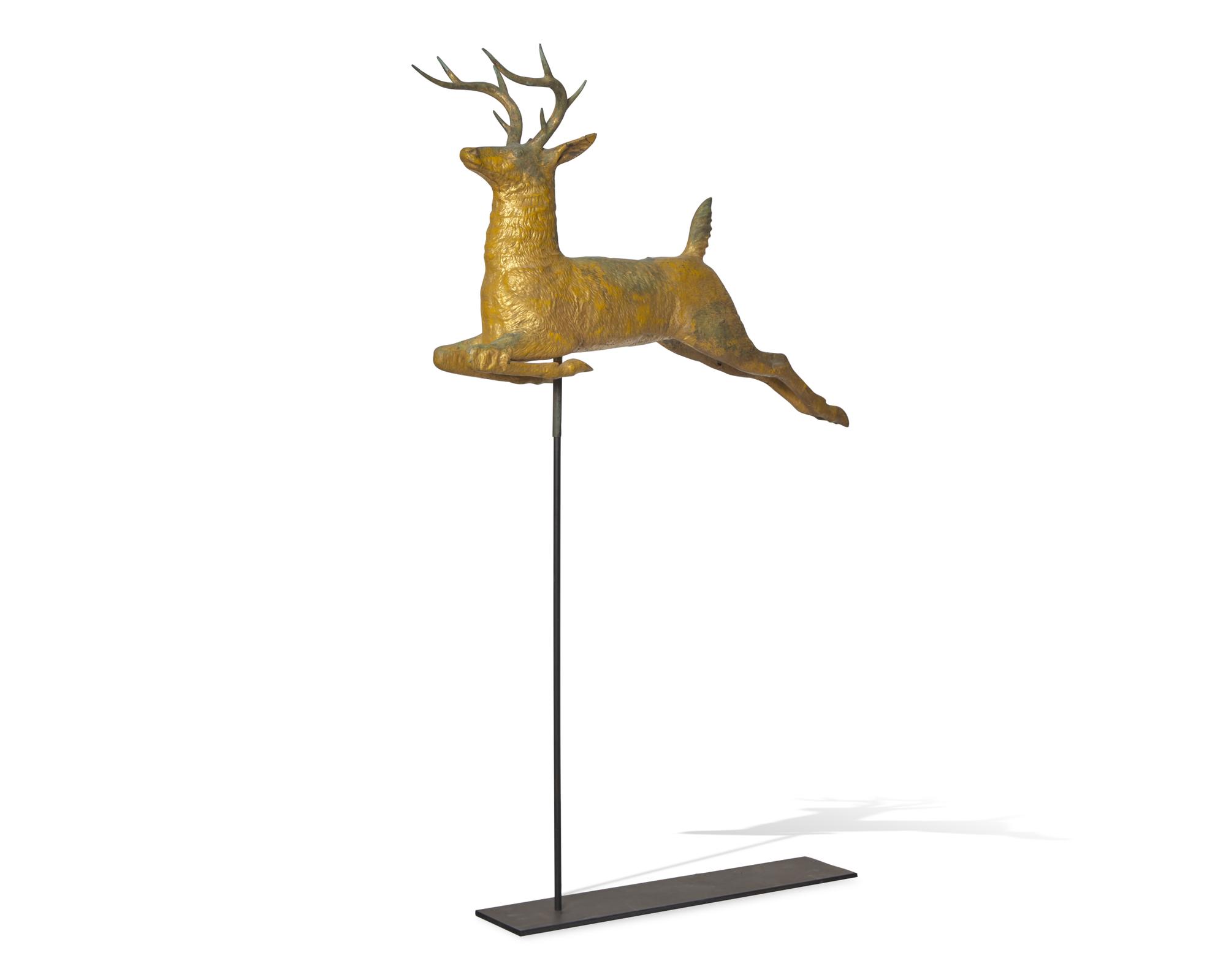 A Large Molded Copper Gilded Leaping Stag Weathervane