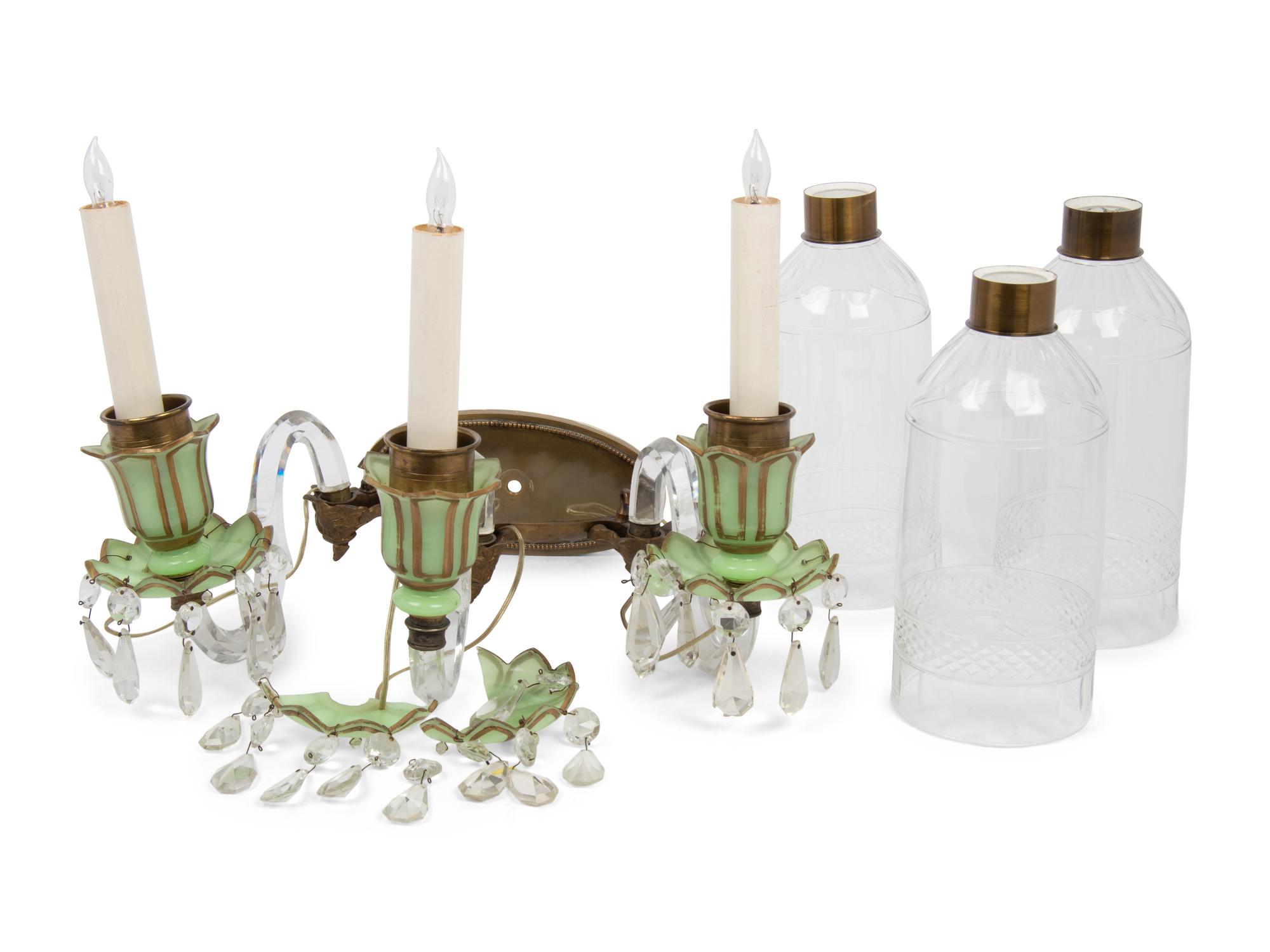 A French Opaline Glass Three-Light Sconce with Cut Glass Hurricane Shades