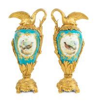A Pair of Gilt Bronze Mounted Sevres Style Porcelain Ewers — 19TH CENTURY