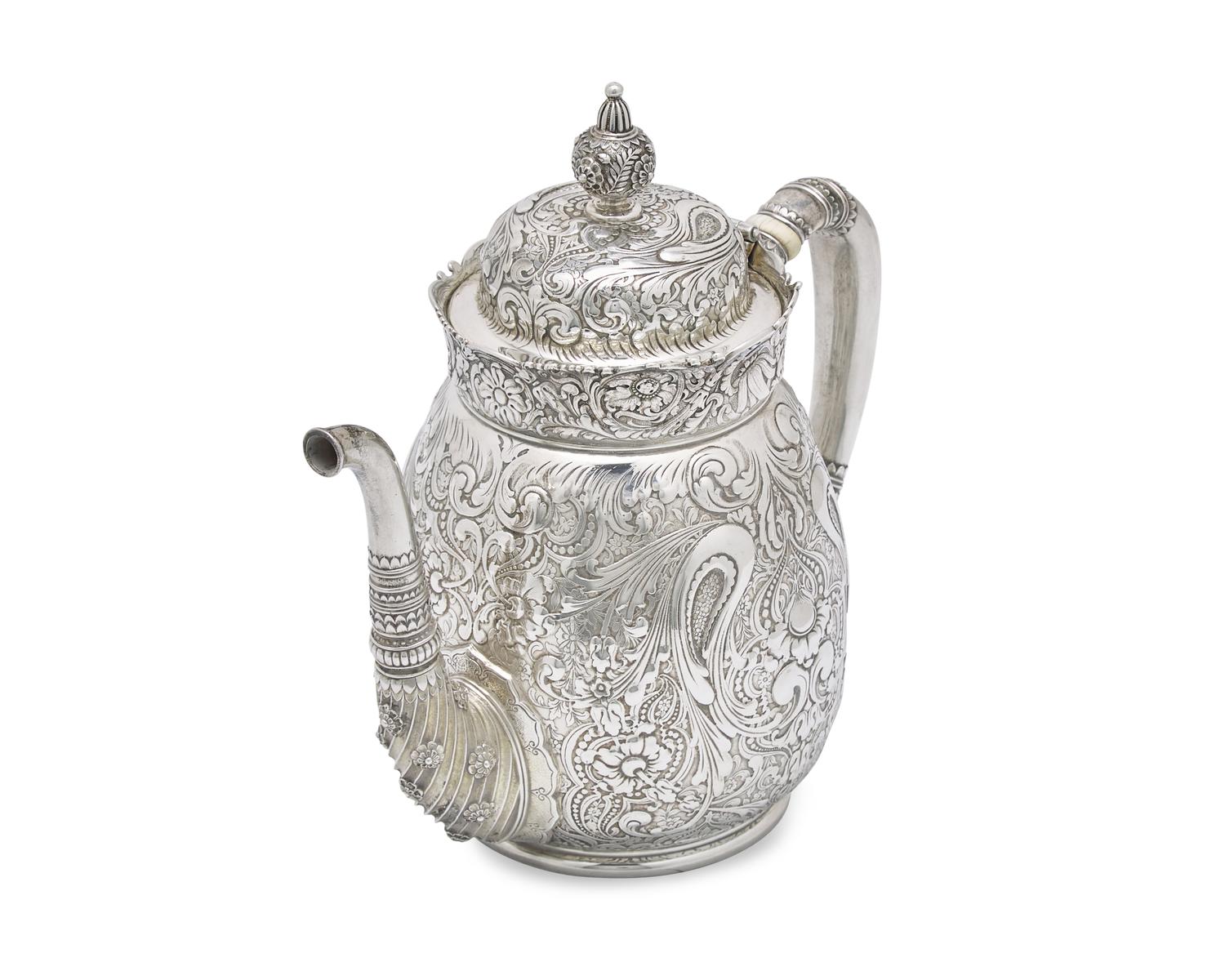 A Rare Sterling Silver Three-Piece Saracenic Tea Service