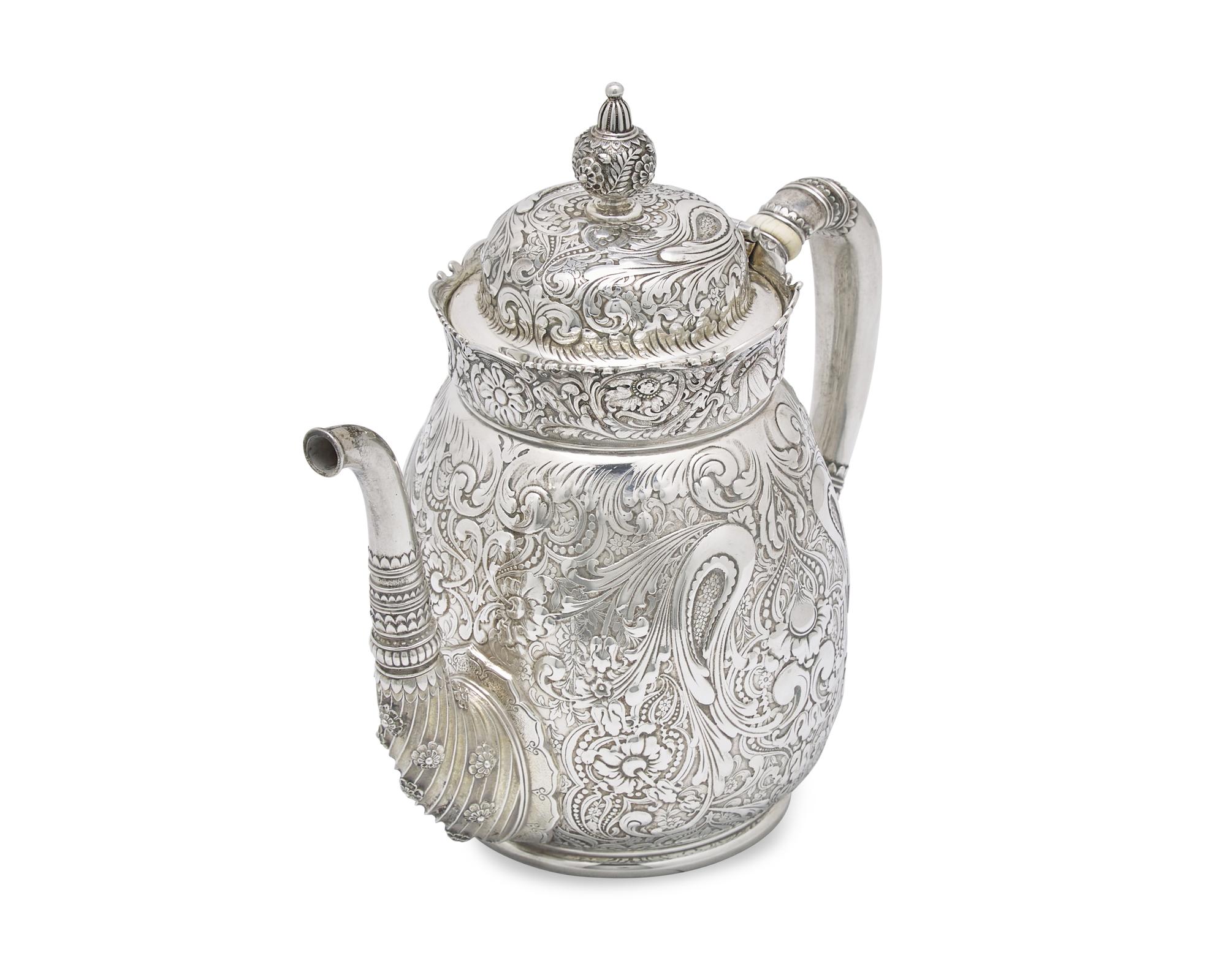 A Rare Sterling Silver Three-Piece Saracenic Tea Service