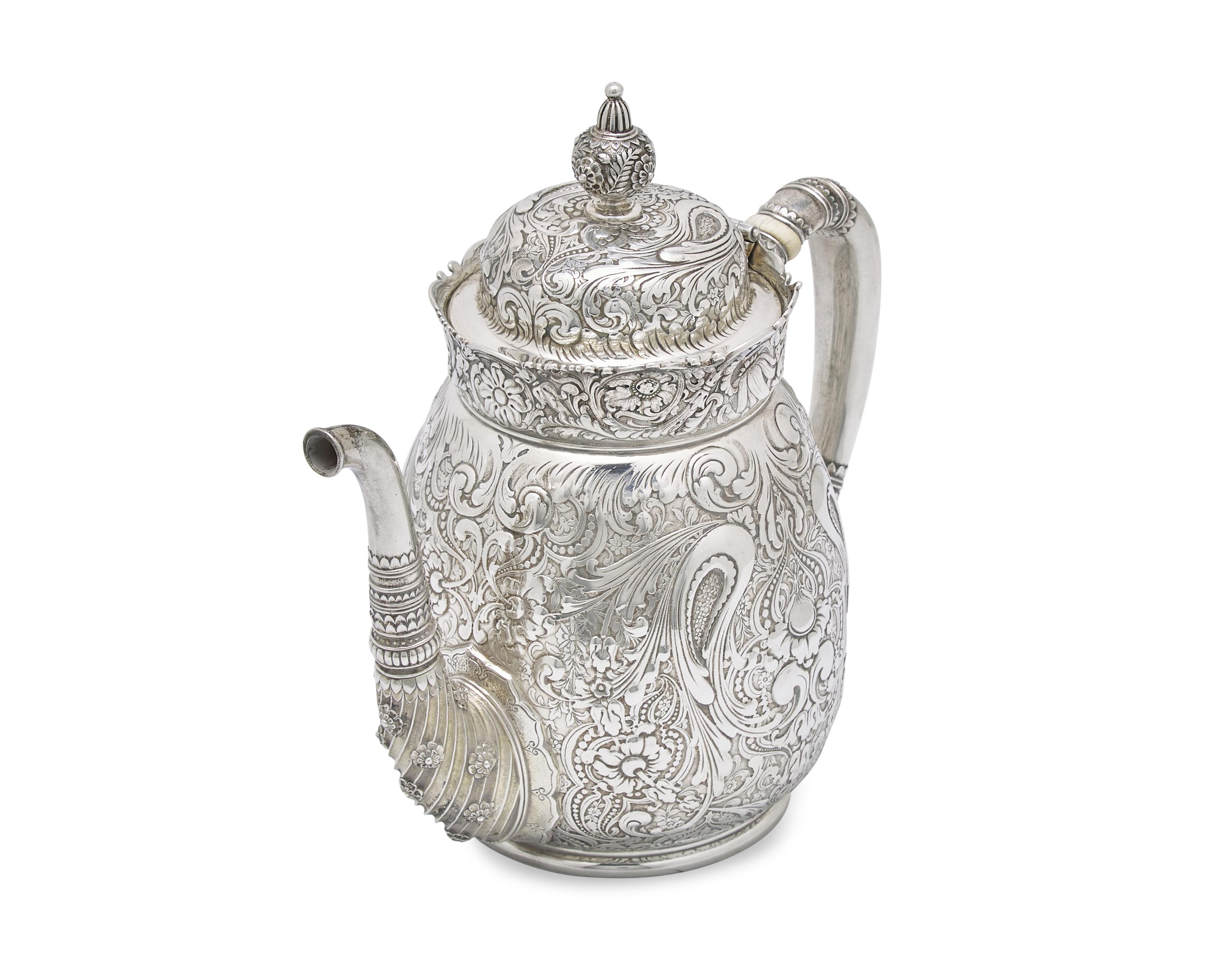 A Rare Sterling Silver Three-Piece Saracenic Tea Service