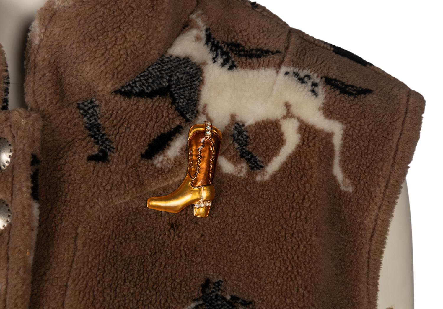 Two Equestrian Motif Fleece Knits and Two Brooches