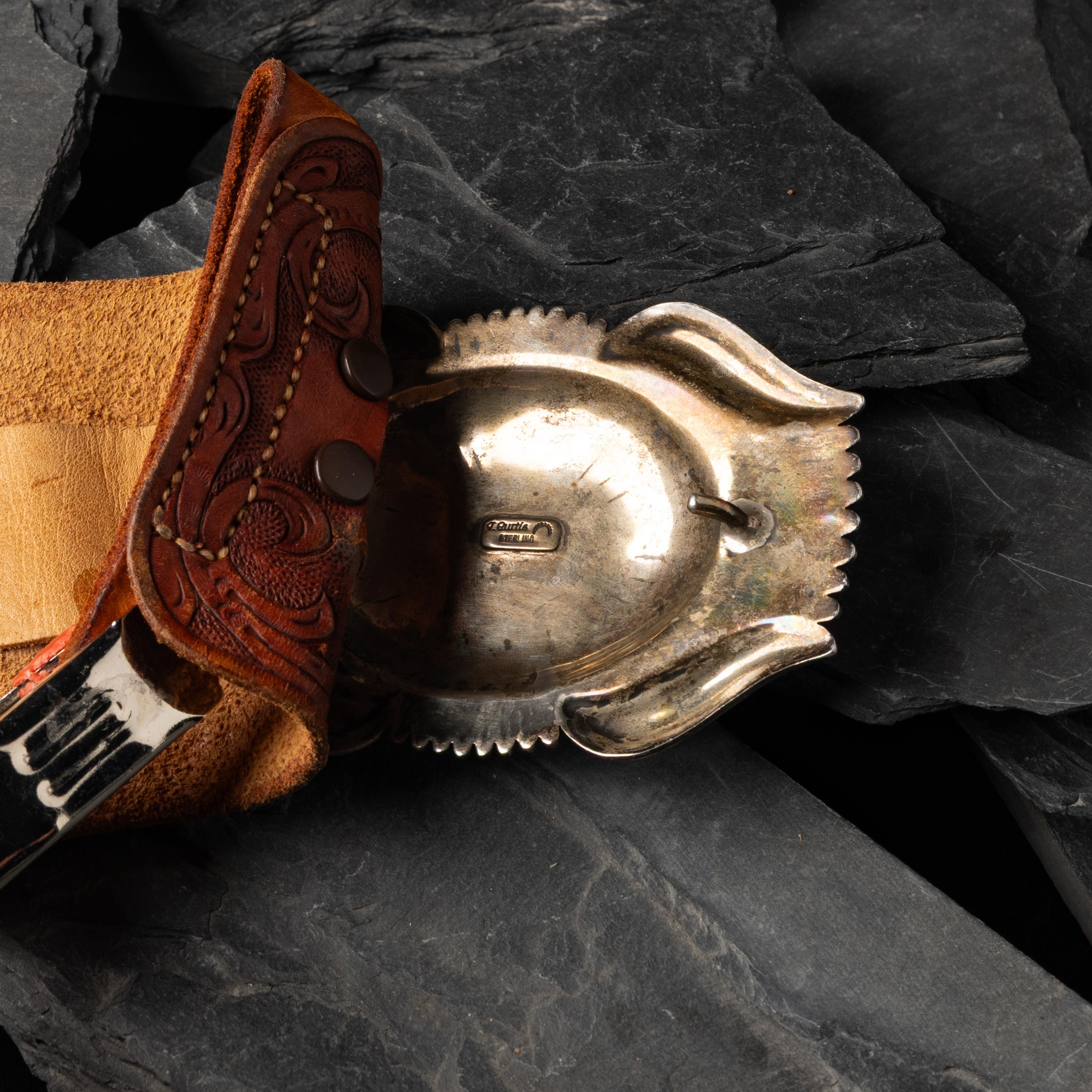 Thomas Curtis (Diné, 1942-2013 — Large Sterling Silver and Turquoise Concha Belt, with Tooled Leather Strap