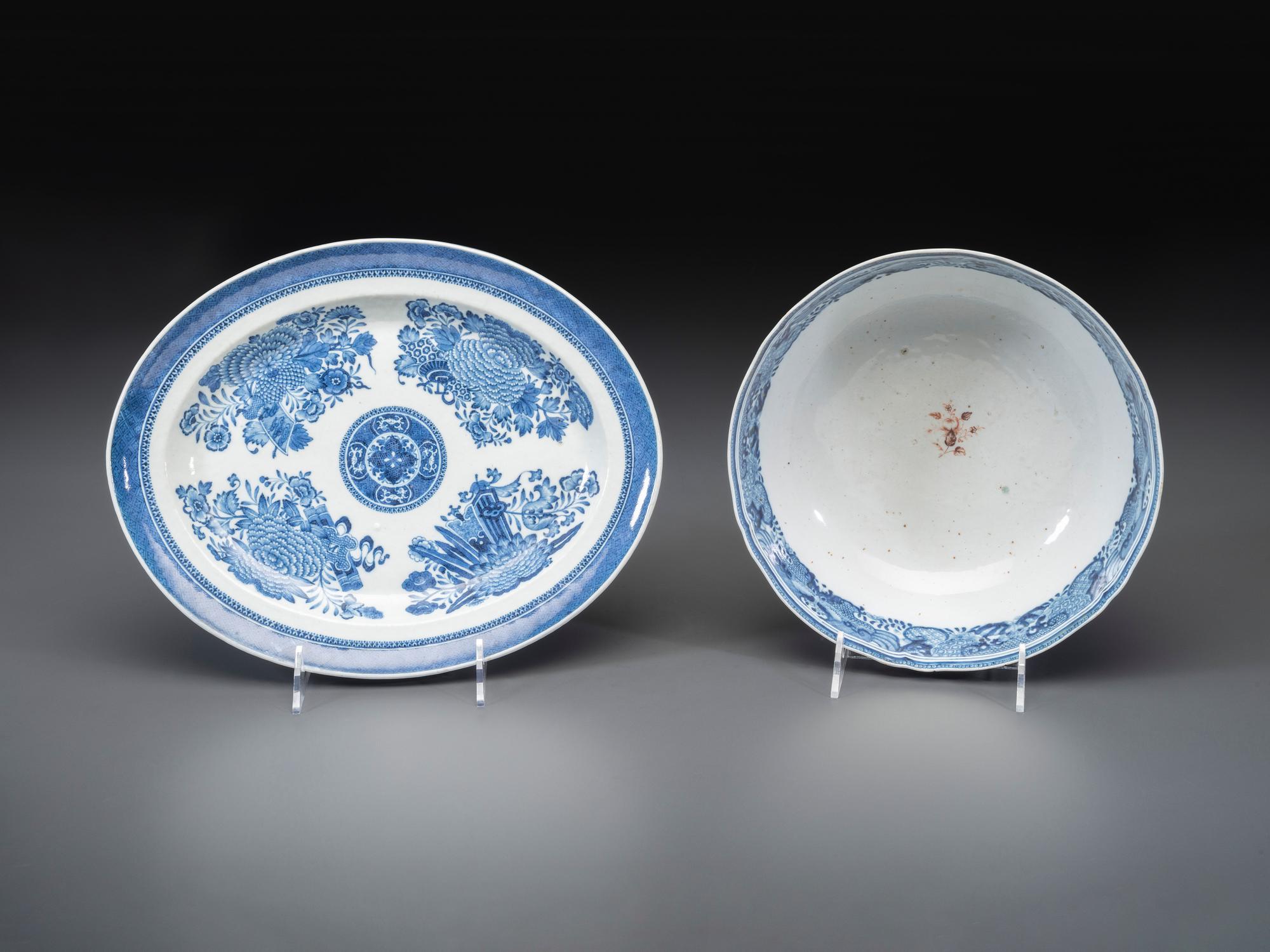 A Chinese Export Blue Fitzhugh Porcelain Tureen, Undertray, and Punch Bowl