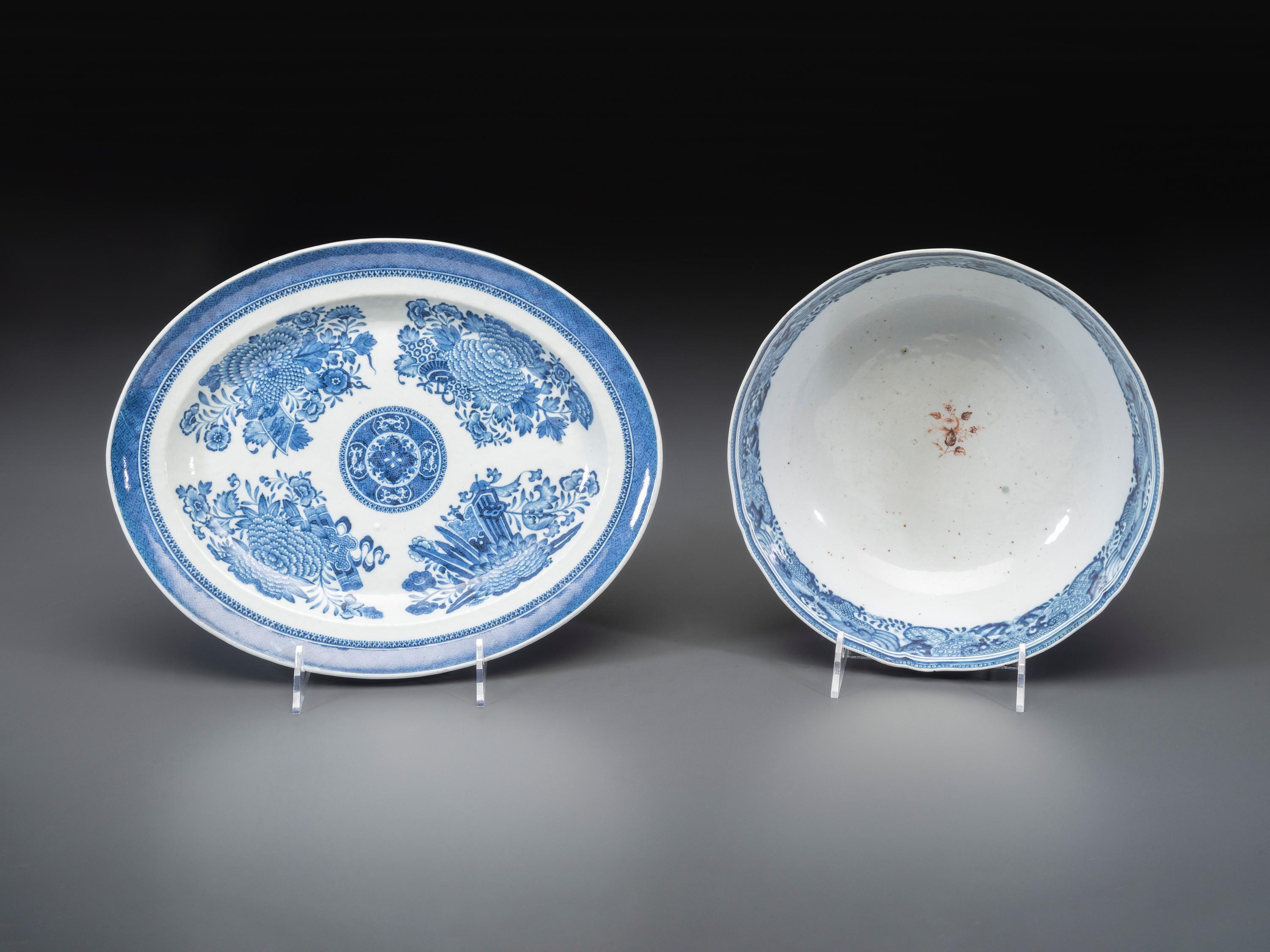 A Chinese Export Blue Fitzhugh Porcelain Tureen, Undertray, and Punch Bowl