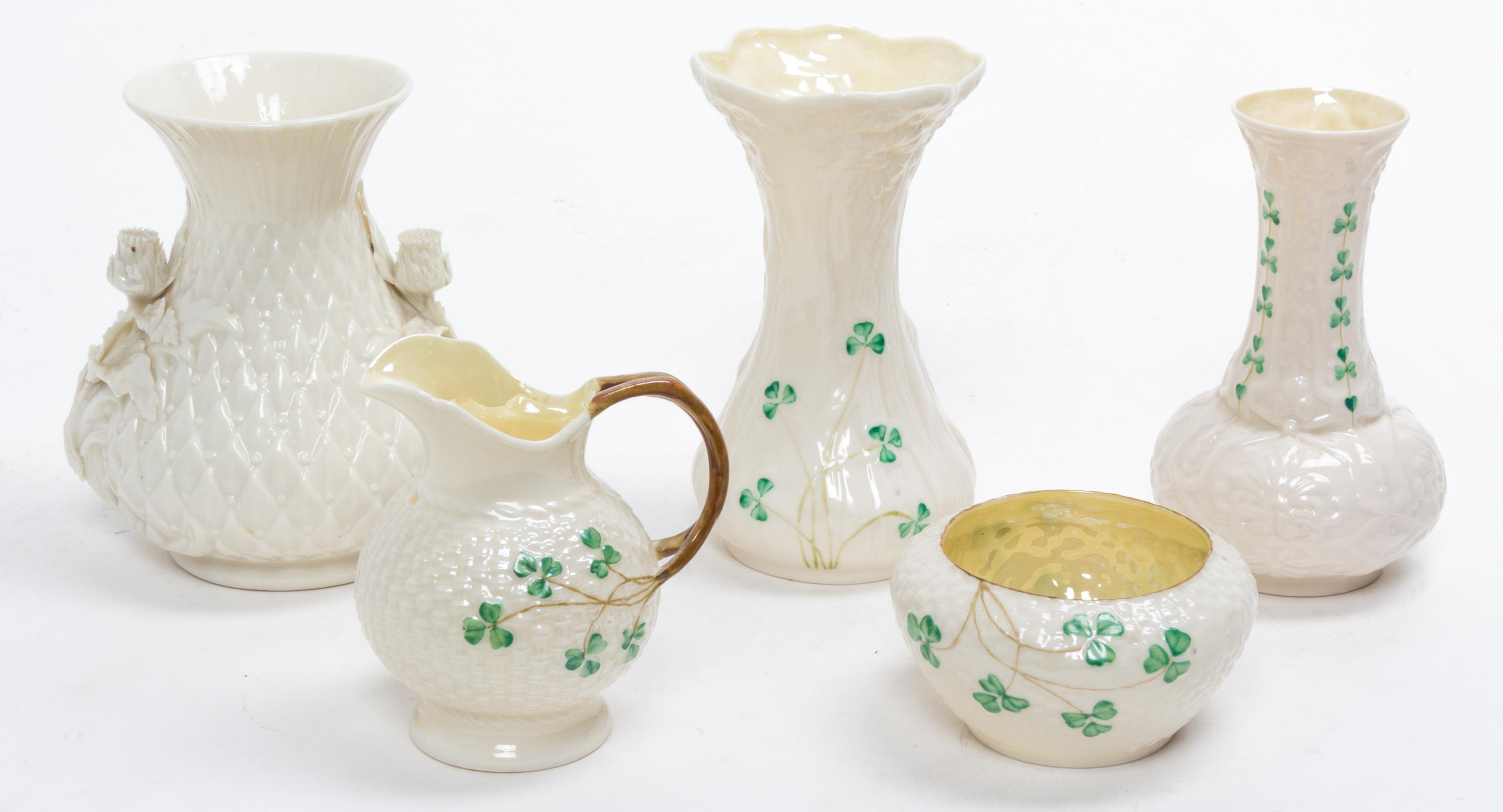 Five Belleek Articles Height of tallest 5 1/2 inches. — EARLY 20TH CENTURY