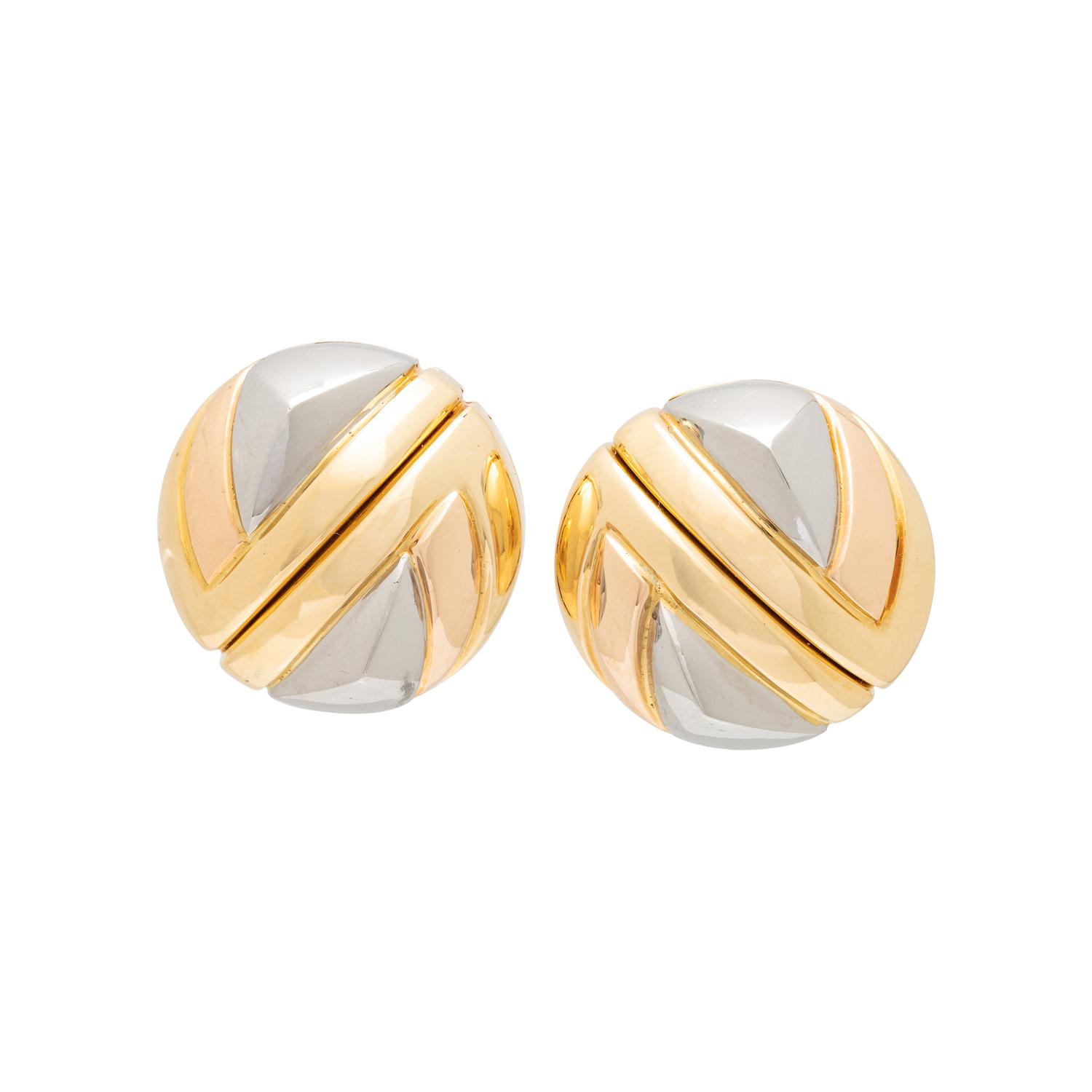 BULGARI, TRICOLOR GOLD BUTTON CLIP EARRINGS