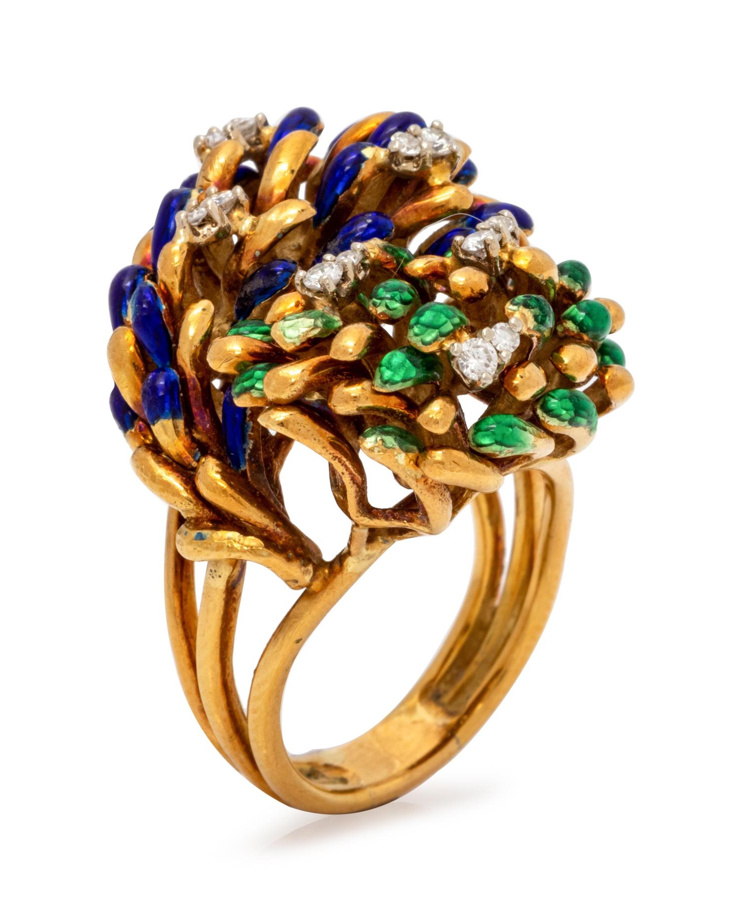 A Yellow Gold, Diamond and Polychrome Enamel Ring,