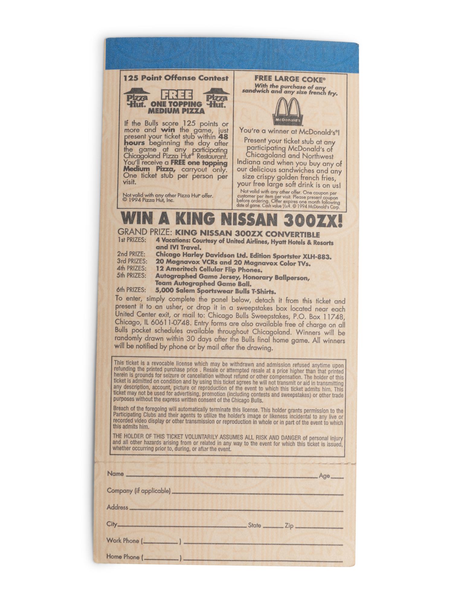 (Sports) A group of 6 pieces of memorabilia and ephemera from the Chicago Bulls, including memorabilia from the “Last Dance” era, comprising:
