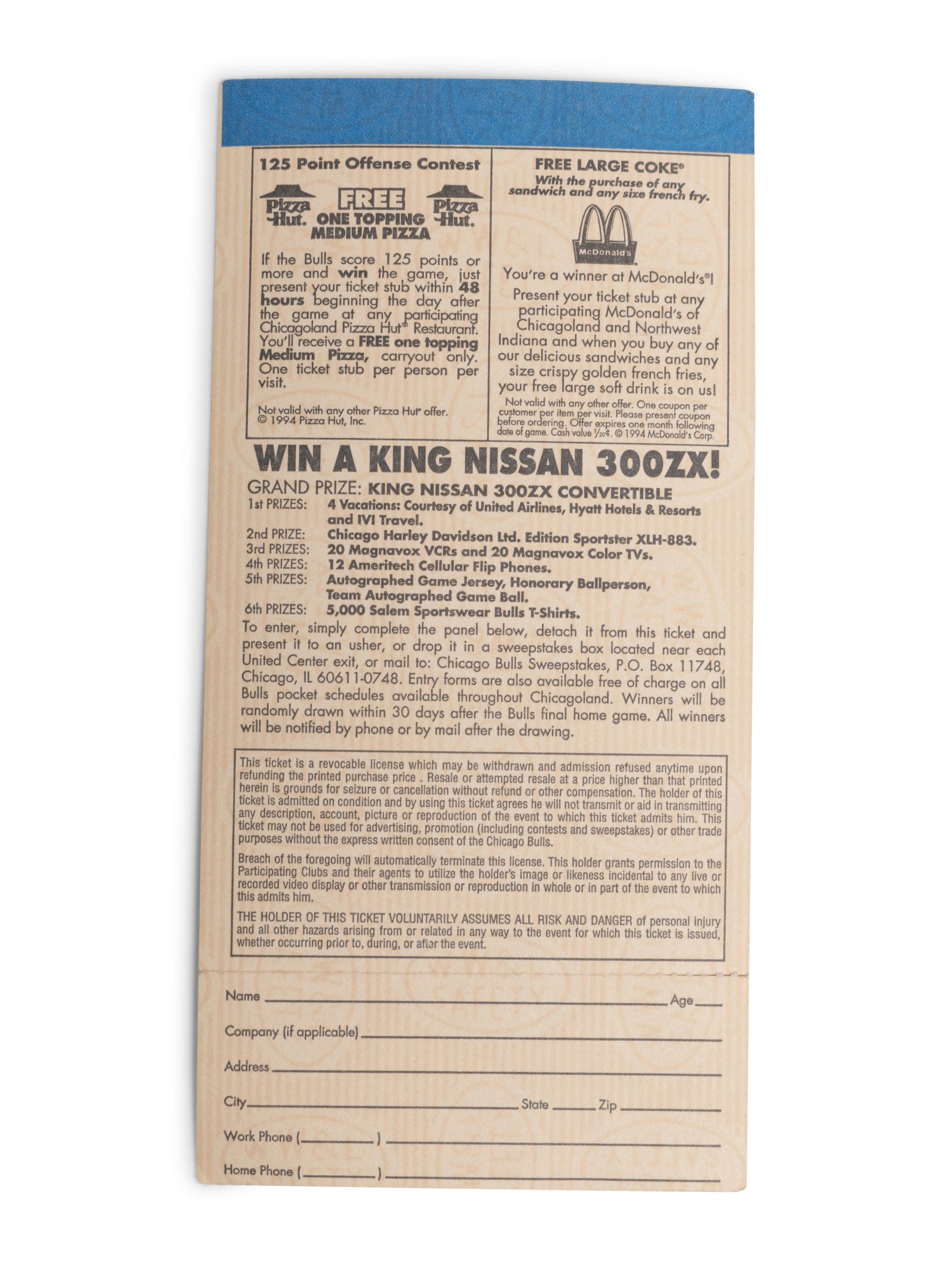 (Sports) A group of 6 pieces of memorabilia and ephemera from the Chicago Bulls, including memorabilia from the “Last Dance” era, comprising: