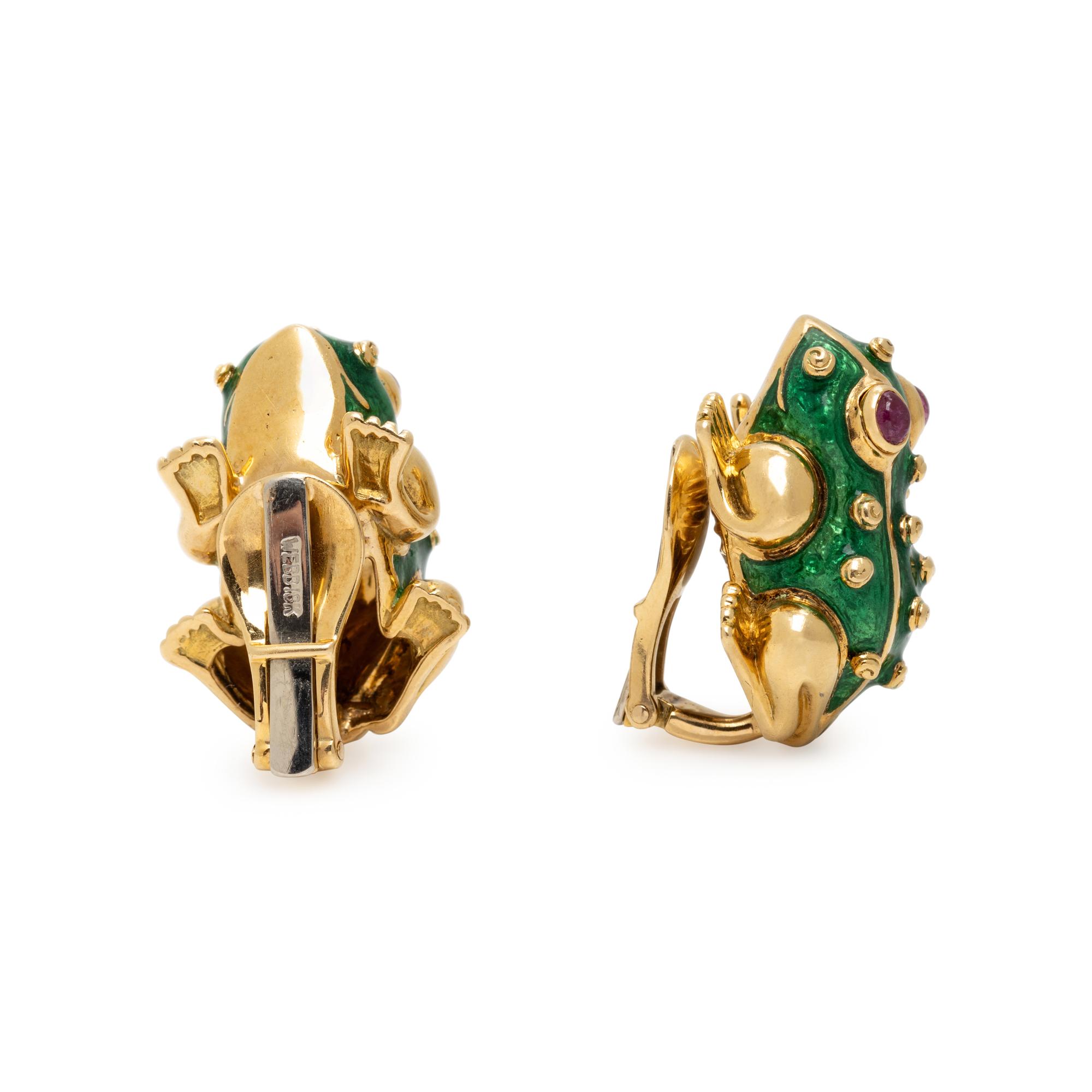 DAVID WEBB, RUBY, ENAMEL, AND YELLOW GOLD FROG EARRINGS
