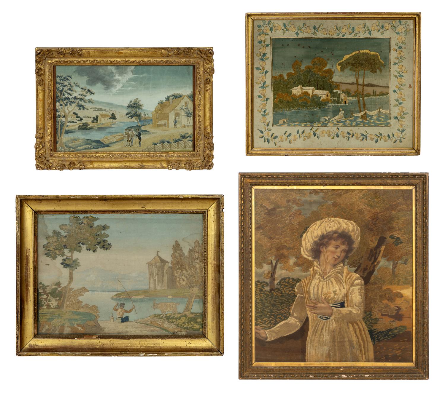 Four Continental Silk Needlework Pictures in Giltwood Frames