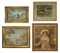 Four Continental Silk Needlework Pictures in Giltwood Frames