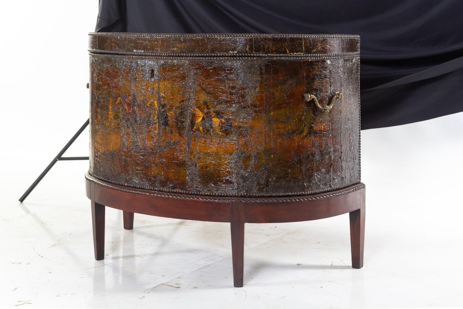 An English Painted Leather-Clad Oak Chest