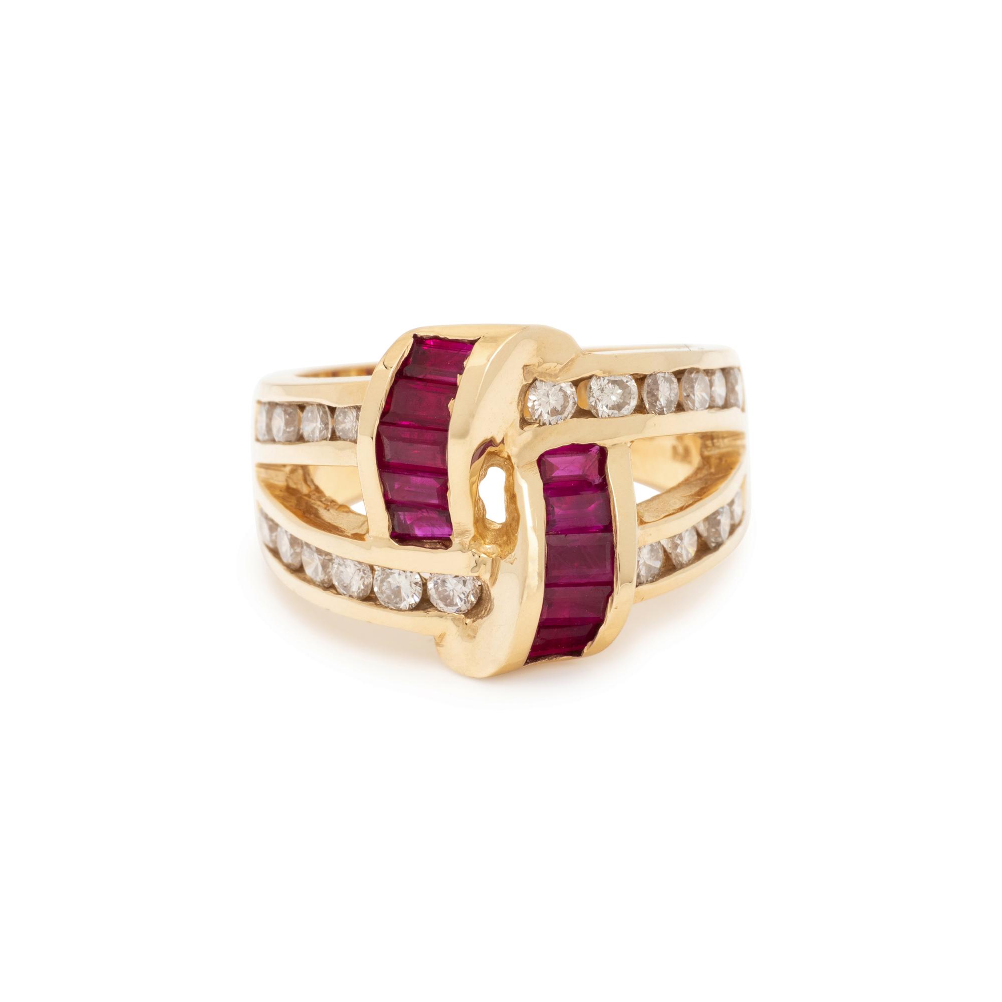 YELLOW GOLD, SYNTHETIC RUBY AND DIAMOND RING