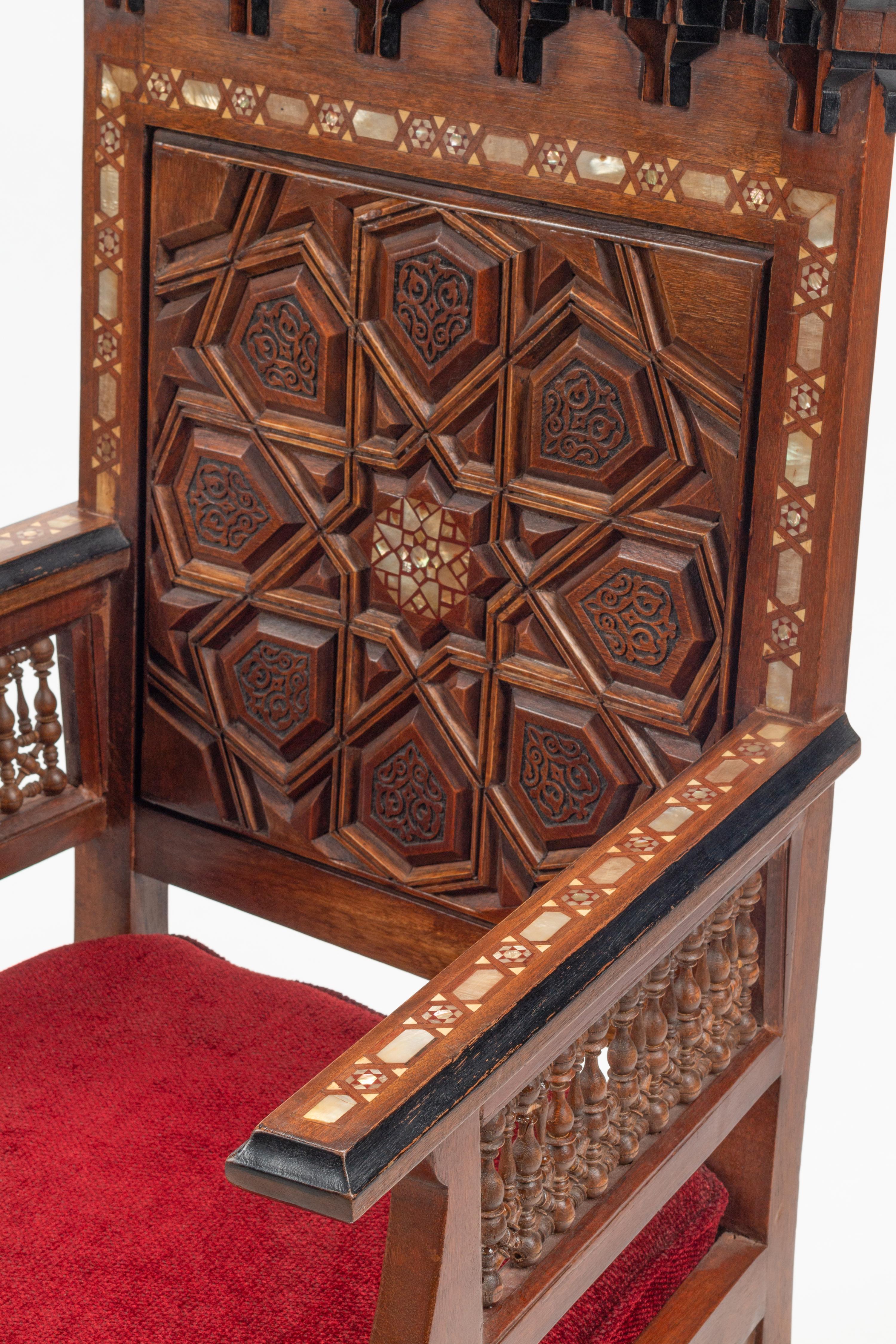 A Pair of Moorish Style Mother-of-Pearl Inlaid Walnut Armchairs