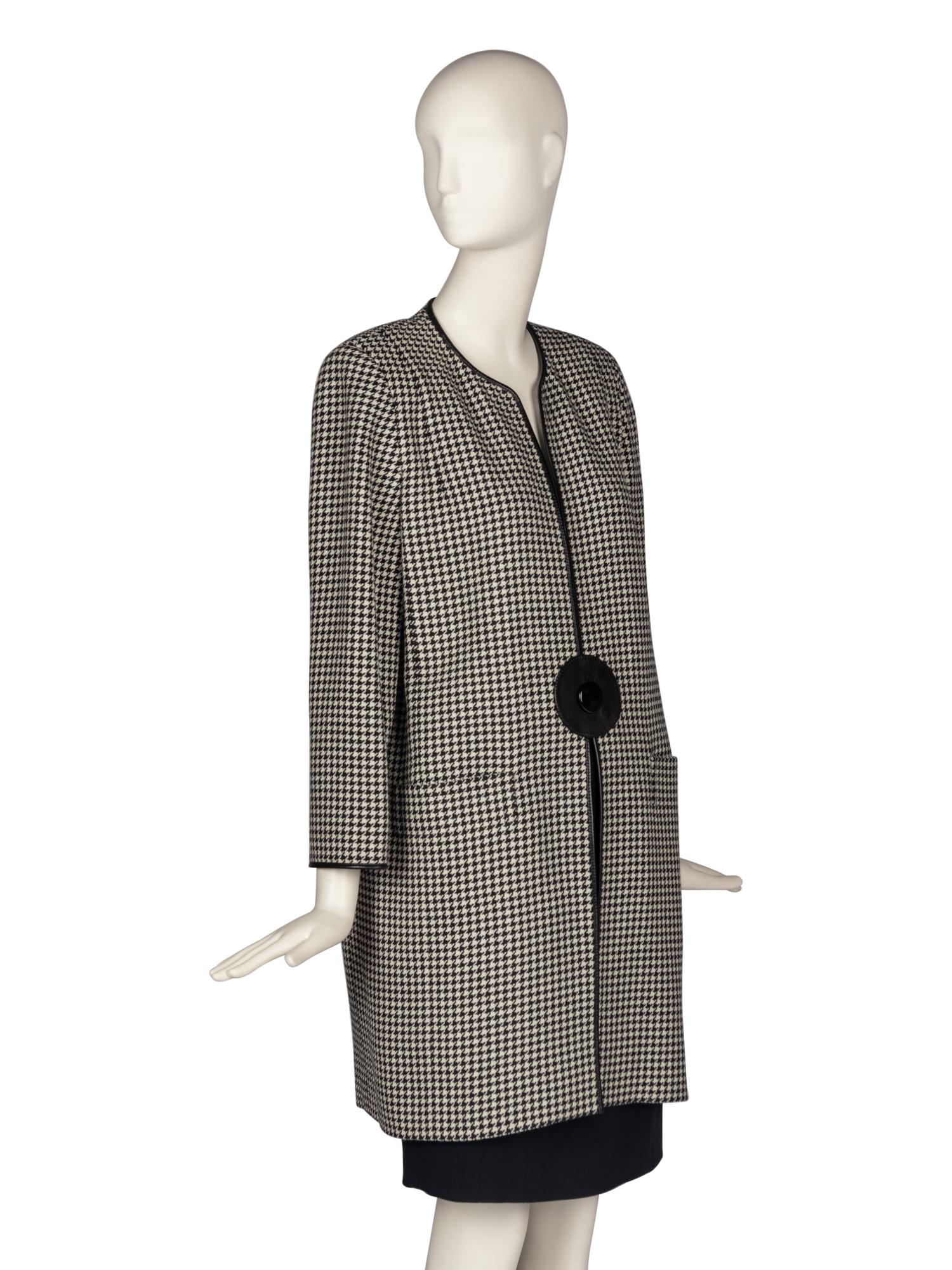Pierre Cardin Haute Couture Houndstooth Coat with Leather Trim
