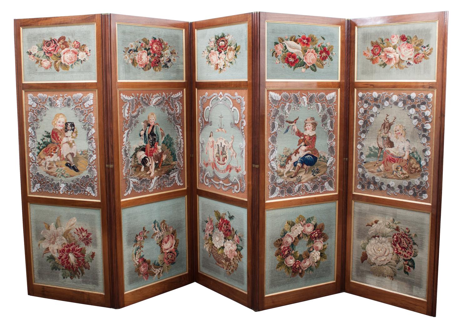 A Victorian Mahogany and Needlepoint Five-Panel Floor Screen Height 76 x width of each panel 28 1/4 inches. — 19TH CENTURY