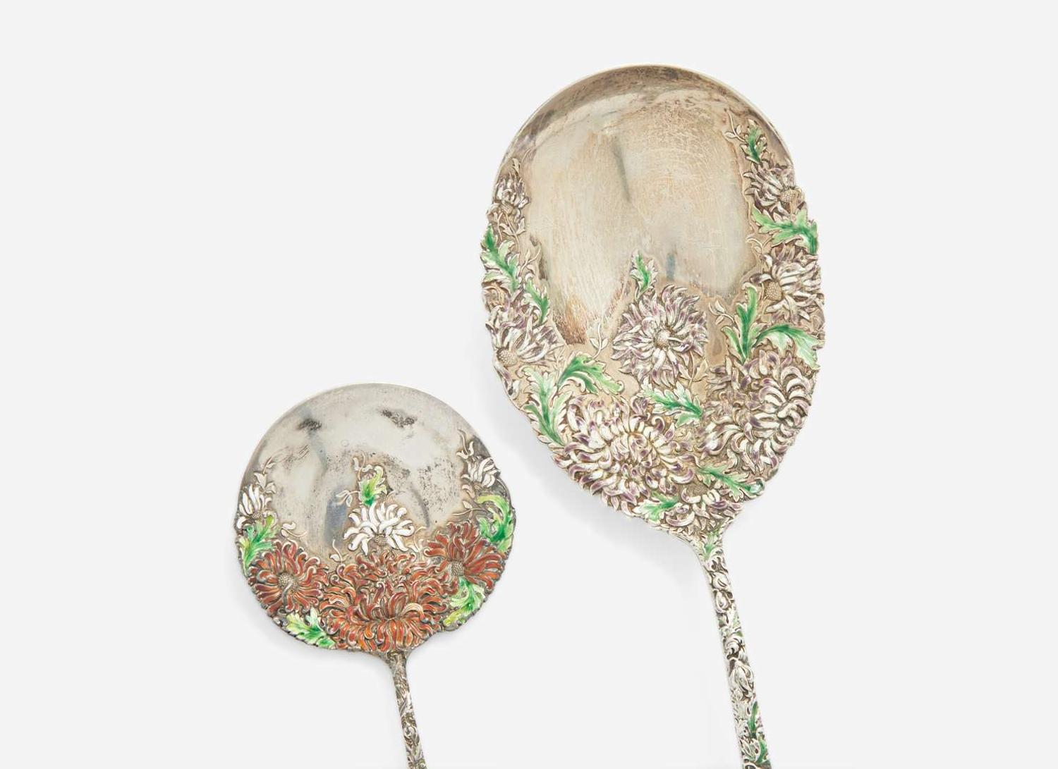 An assembled group of nine sterling silver floral repousse serving utensils, various makers, including Bailey Banks & Biddle Co. and J.E. Caldwell & Co., Philadelphia, PA, and The James R. Armiger Co., Baltimore, MD, and others, late 19th / early 20th century