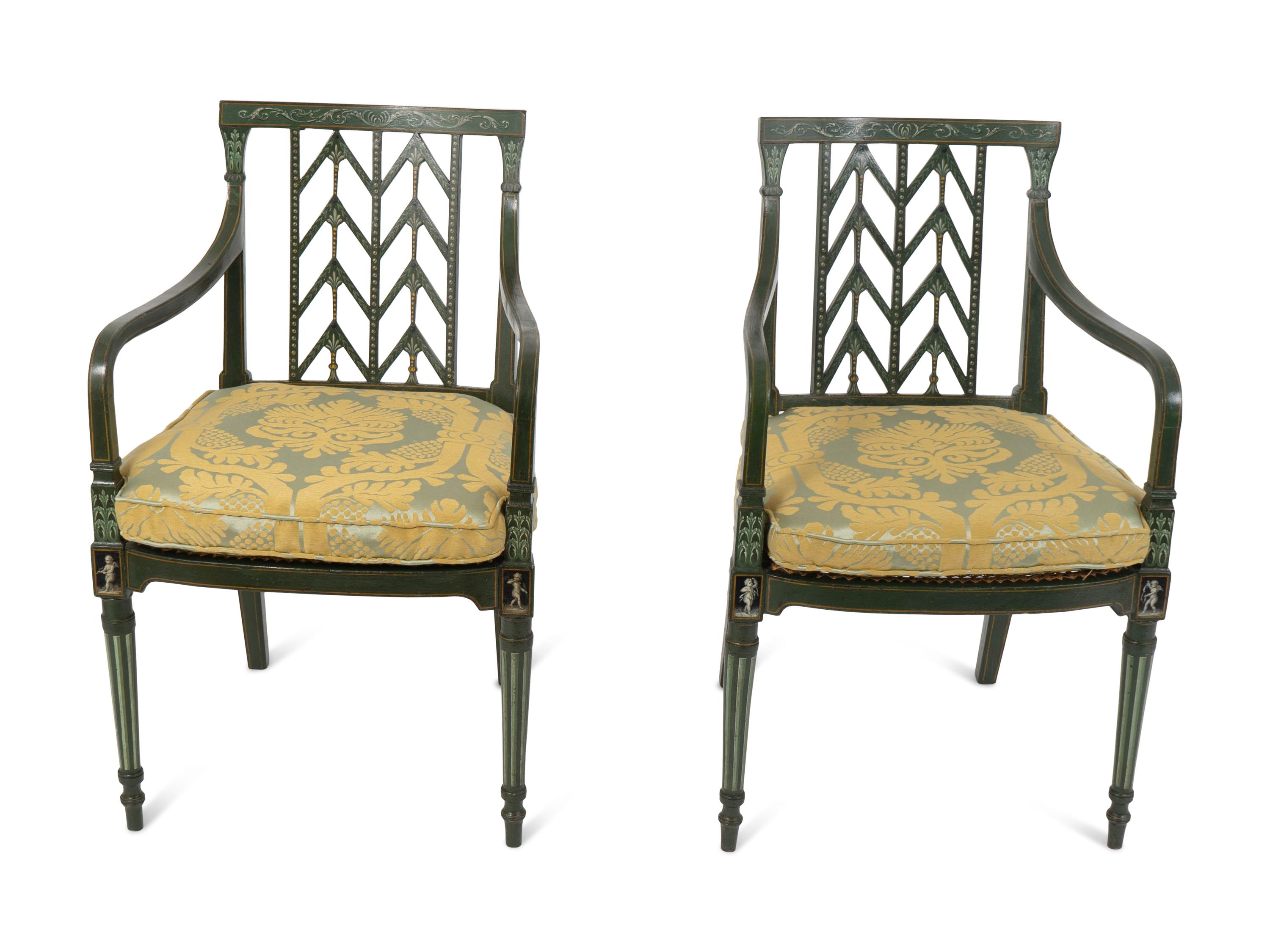 A Pair of Regency Green and Parcel Gilt Painted Cane Seat Armchairs — EARLY 19TH CENTURY