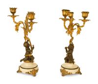A Pair of Gilt and Patinated Bronze Figural Three-Light Candelabra