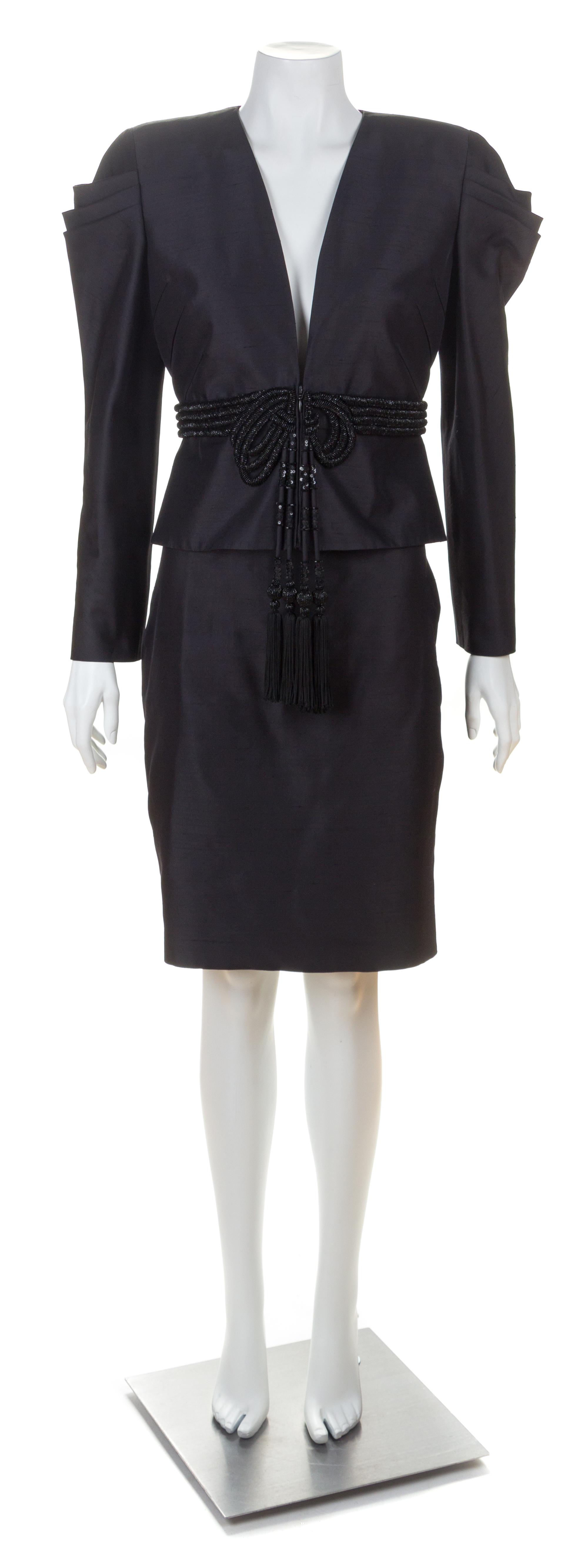 A Valentino Black Raw Silk Evening Skirt Suit, Skirt size 12; Jacket size 12.