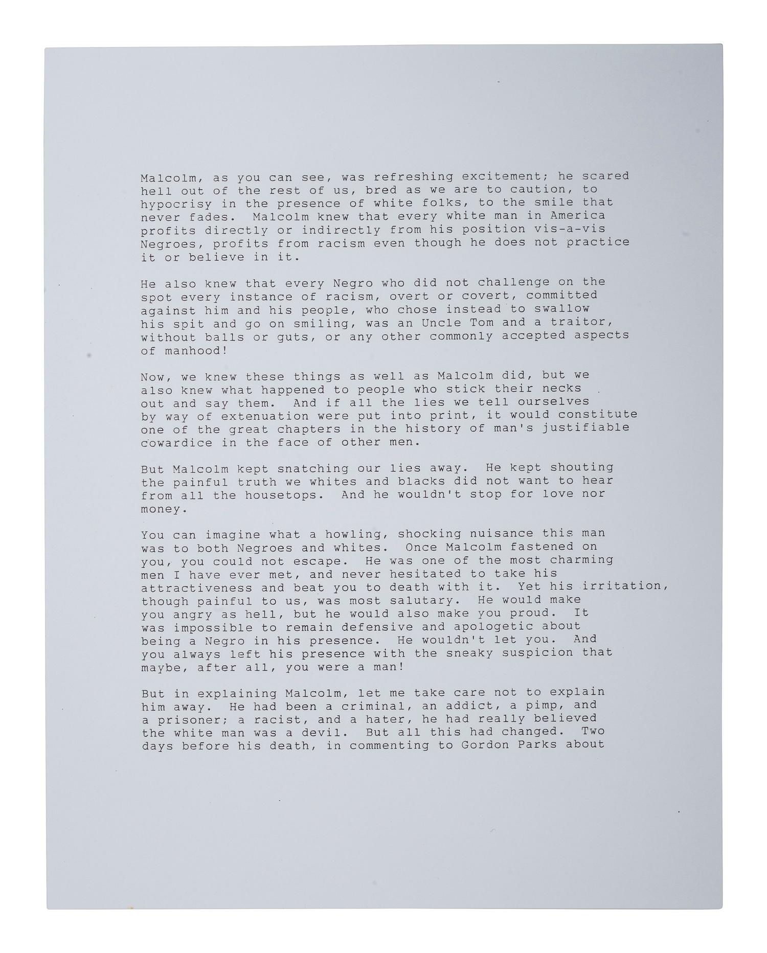 [CIVIL RIGHTS]. DAVIS, Ossie (1917-2005). Typed document signed in ink ("Ossie Davis"), in response to a magazine editor's question asking why he eulogized Malcolm X.
