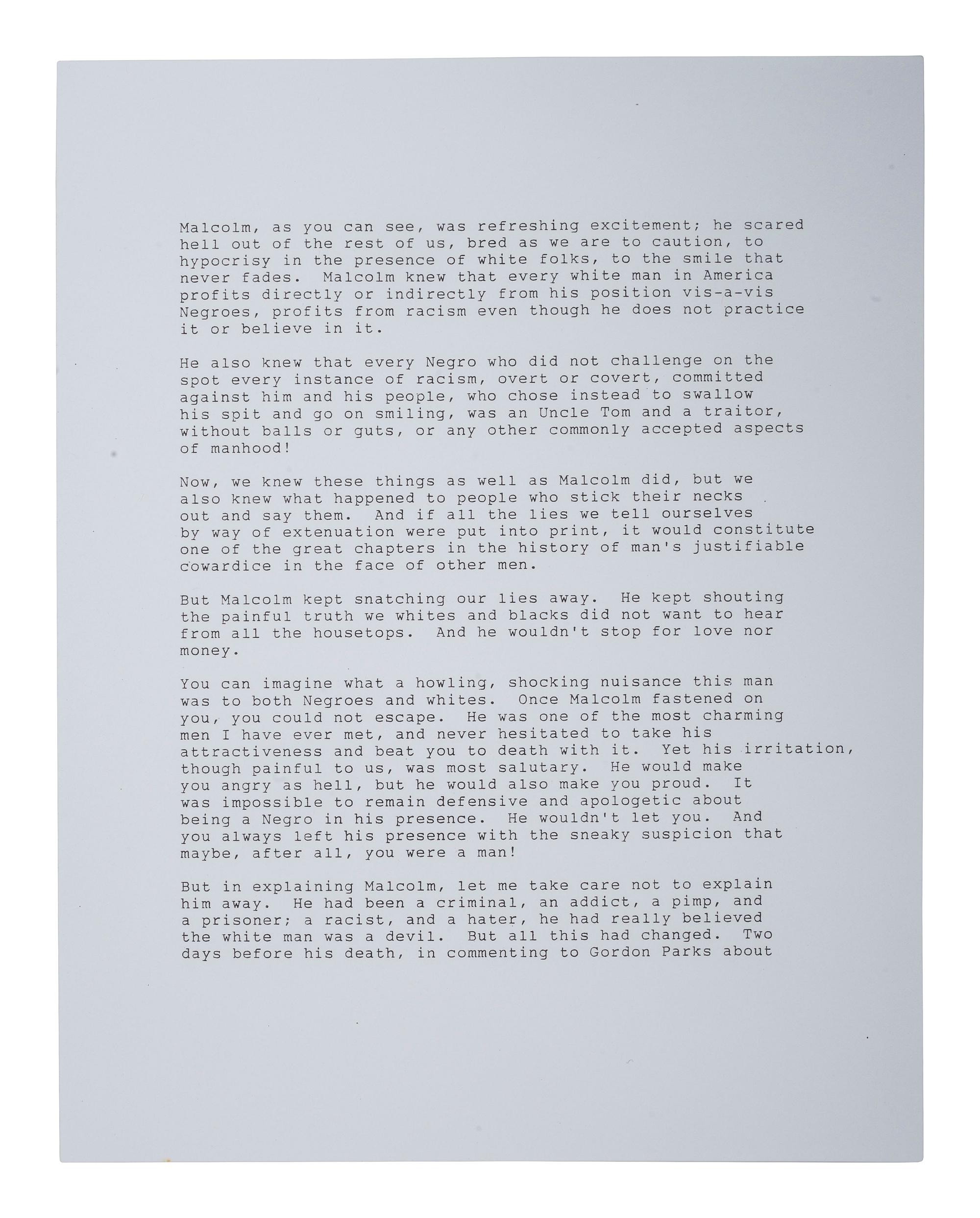 [CIVIL RIGHTS]. DAVIS, Ossie (1917-2005). Typed document signed in ink ("Ossie Davis"), in response to a magazine editor's question asking why he eulogized Malcolm X.