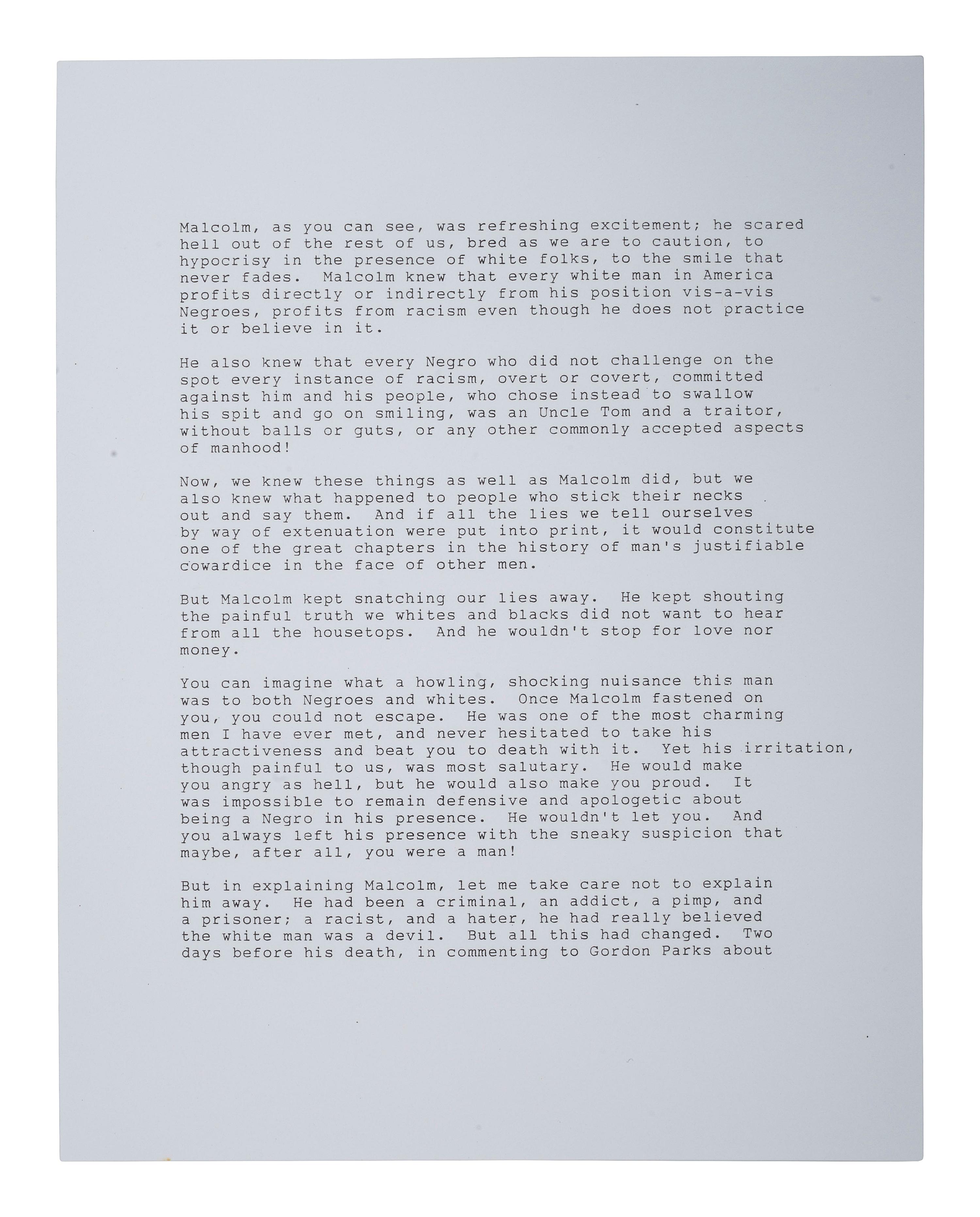 [CIVIL RIGHTS]. DAVIS, Ossie (1917-2005). Typed document signed in ink ("Ossie Davis"), in response to a magazine editor's question asking why he eulogized Malcolm X.