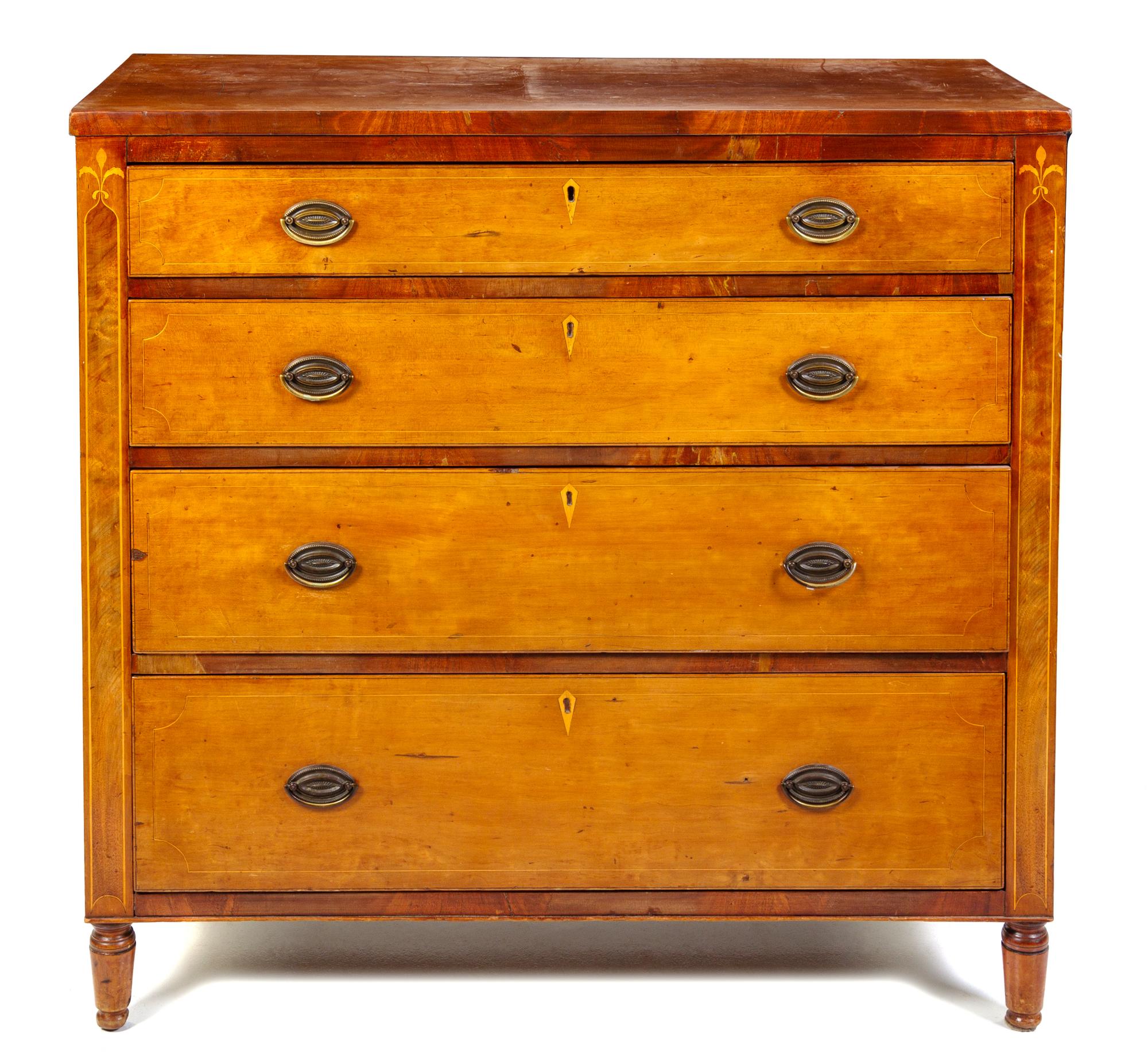 A Federal Inlaid Maple Chest of Drawers Height 41 x width 43 x depth 20 inches. — NEW ENGLAND, FIRST QUARTER 19TH CENTURY