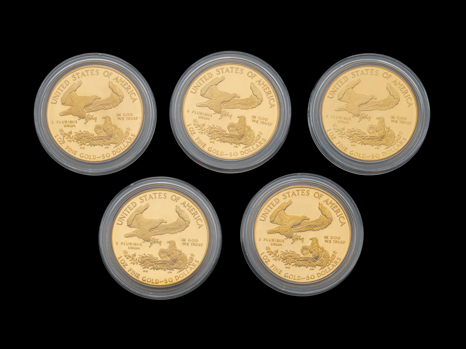 A Group of Five 1986 Gold Eagle 1 Oz. Gold Proofs