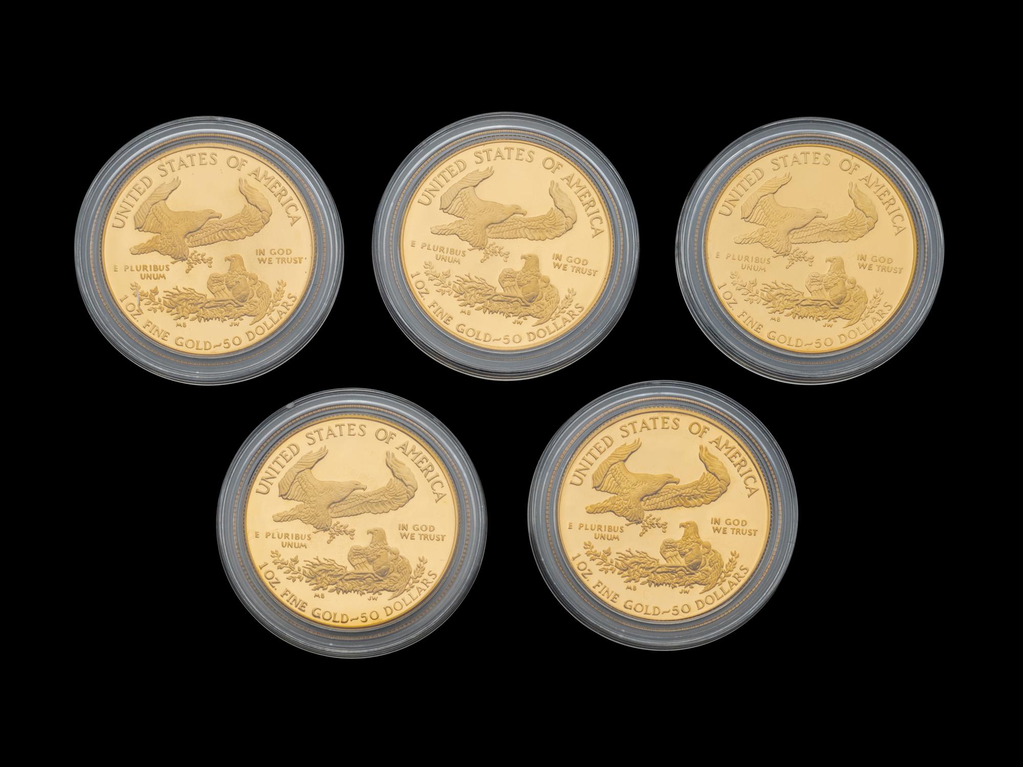 A Group of Five 1986 Gold Eagle 1 Oz. Gold Proofs