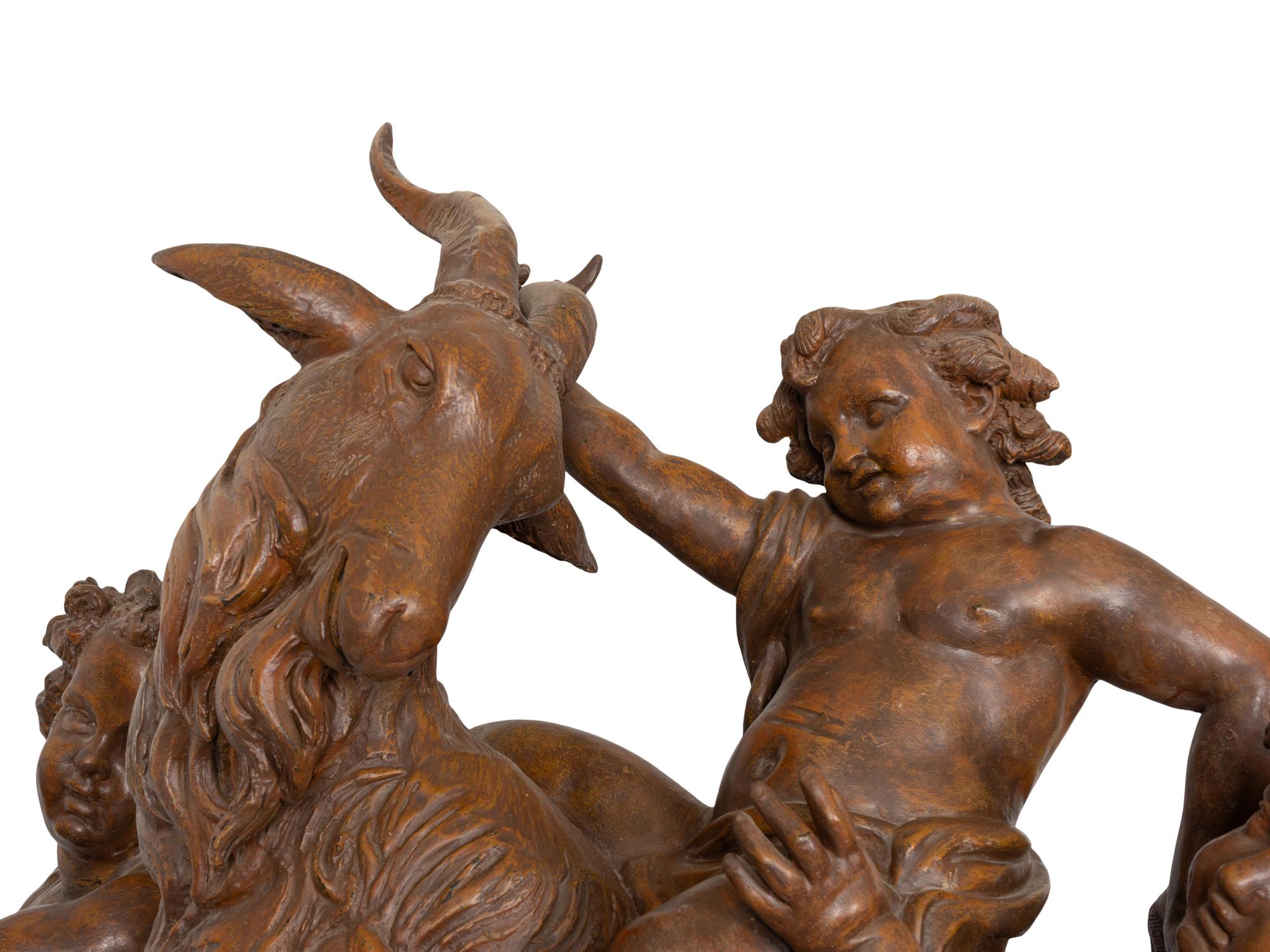 An Important Monumental Terracotta Group by Maison Gossin Frères Depicting Bacchanal Putti with Goat