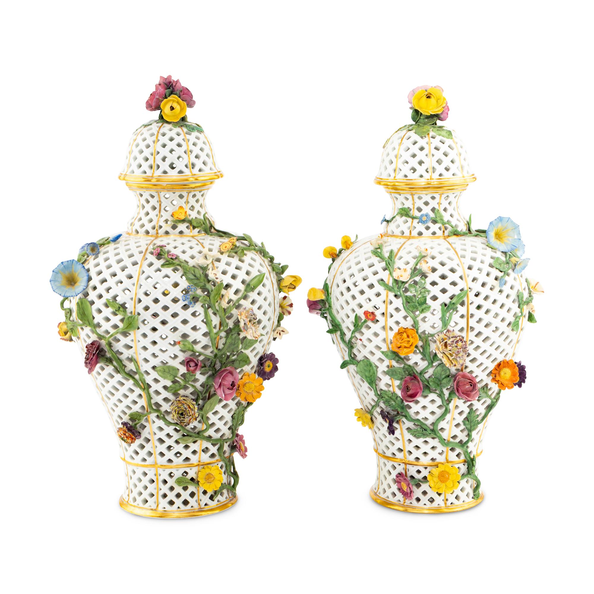 A Pair of Meissen Porcelain Reticulated Urns