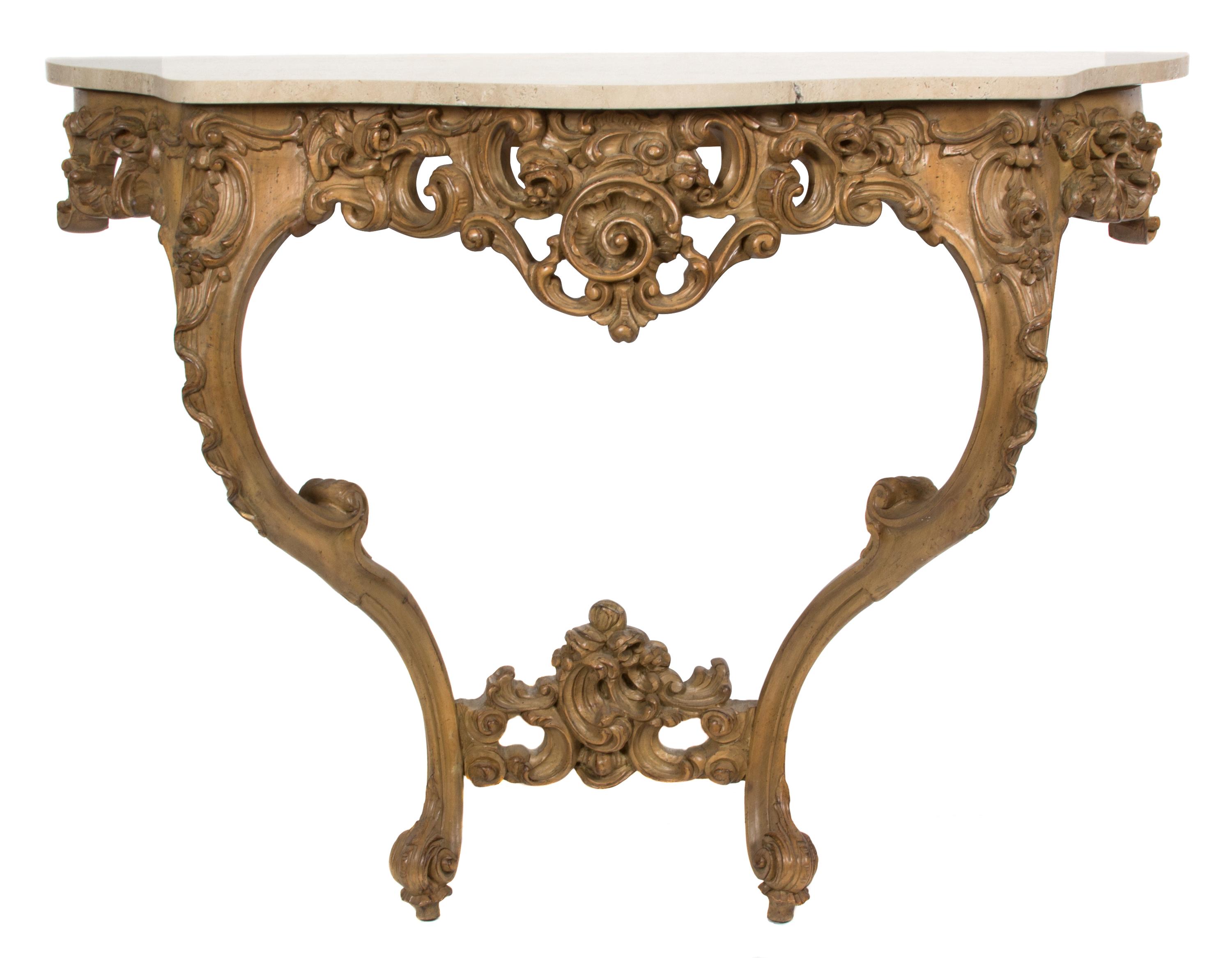 A Louis XV Style Carved Pine Console Table Height 33 1/2 x width 45 x depth 16 1/4 inches. — 19TH CENTURY
