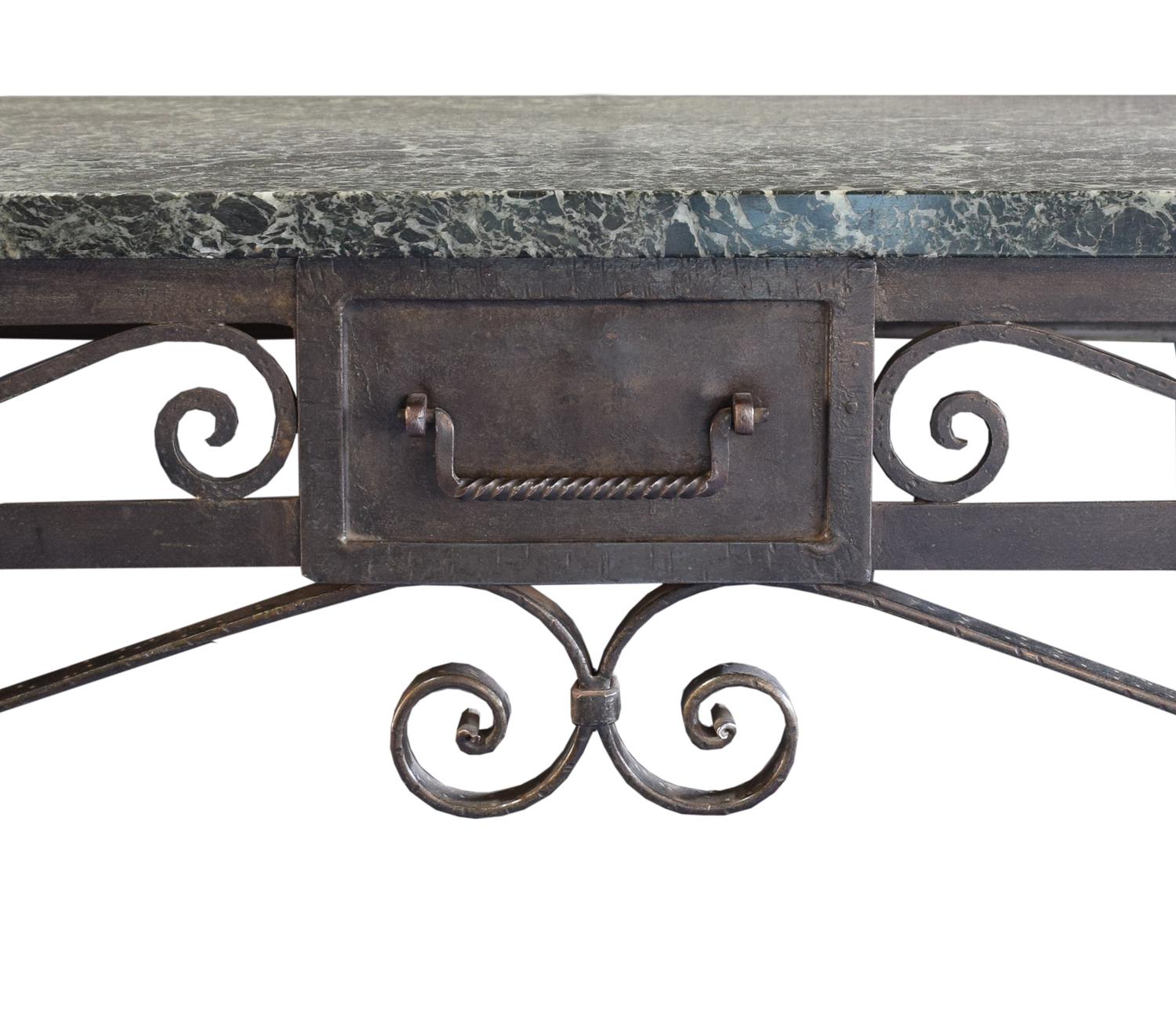 A Wrought Iron Console from the Florsheim Estate, Highland Park, IL. Vanity: 48" w x20" d x 41.5" tall Mirror: 36" w x 1" d x 42" tall — United States, Early 20th Century