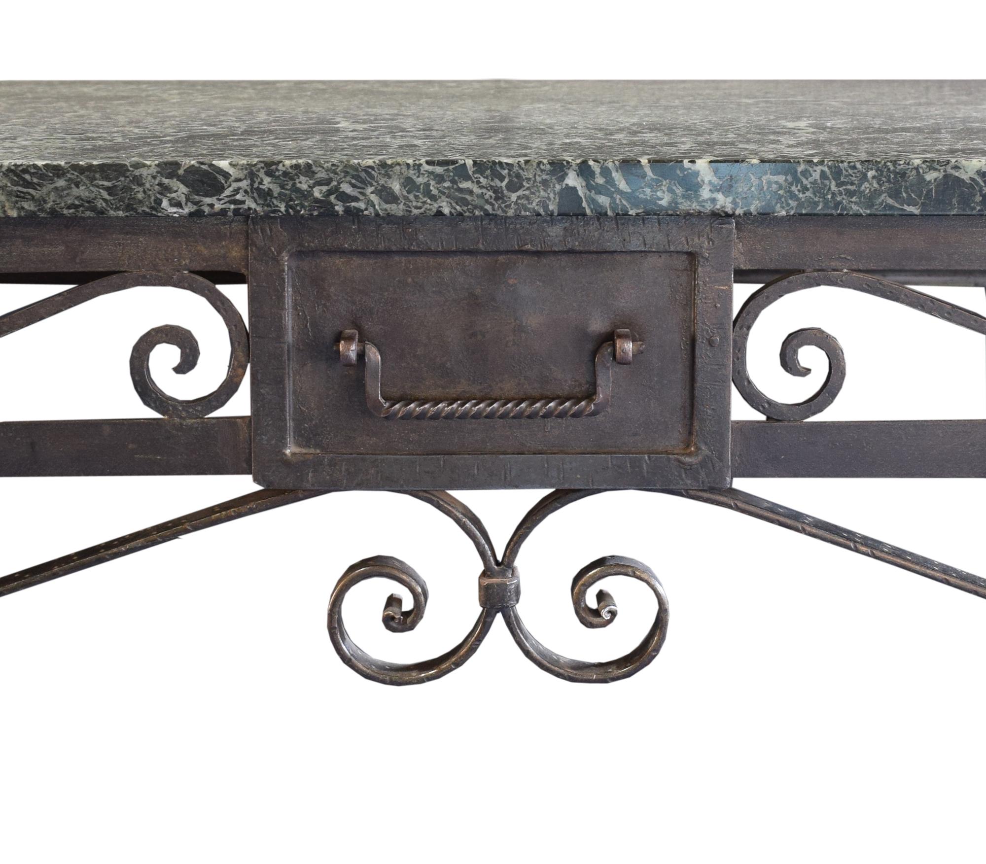 A Wrought Iron Console from the Florsheim Estate, Highland Park, IL. Vanity: 48" w x20" d x 41.5" tall Mirror: 36" w x 1" d x 42" tall — United States, Early 20th Century