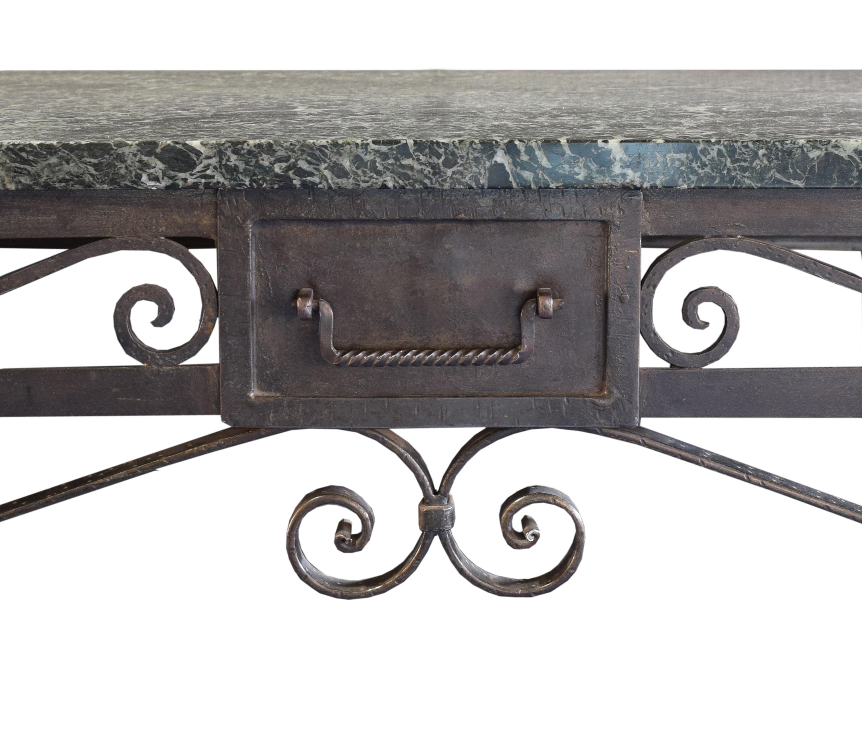 A Wrought Iron Console from the Florsheim Estate, Highland Park, IL. Vanity: 48" w x20" d x 41.5" tall Mirror: 36" w x 1" d x 42" tall — United States, Early 20th Century