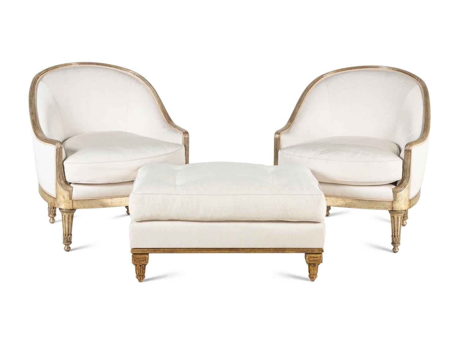 A Pair of Ebanista Marchese Lounge Chairs and a Similarly-Upholstered Ottoman
