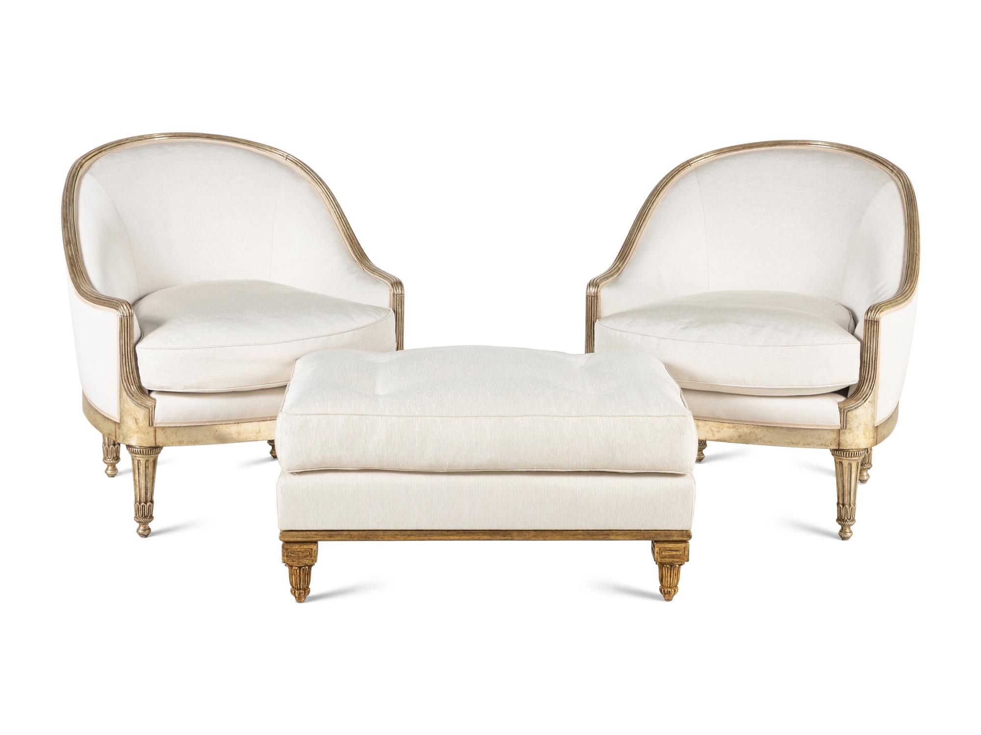 A Pair of Ebanista Marchese Lounge Chairs and a Similarly-Upholstered Ottoman
