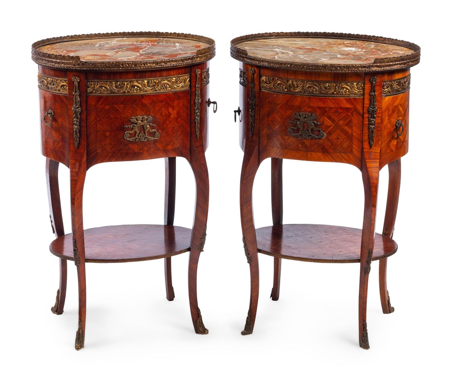 A Pair of Louis XV/XVI Transitional Style Parquetry Side Cabinets