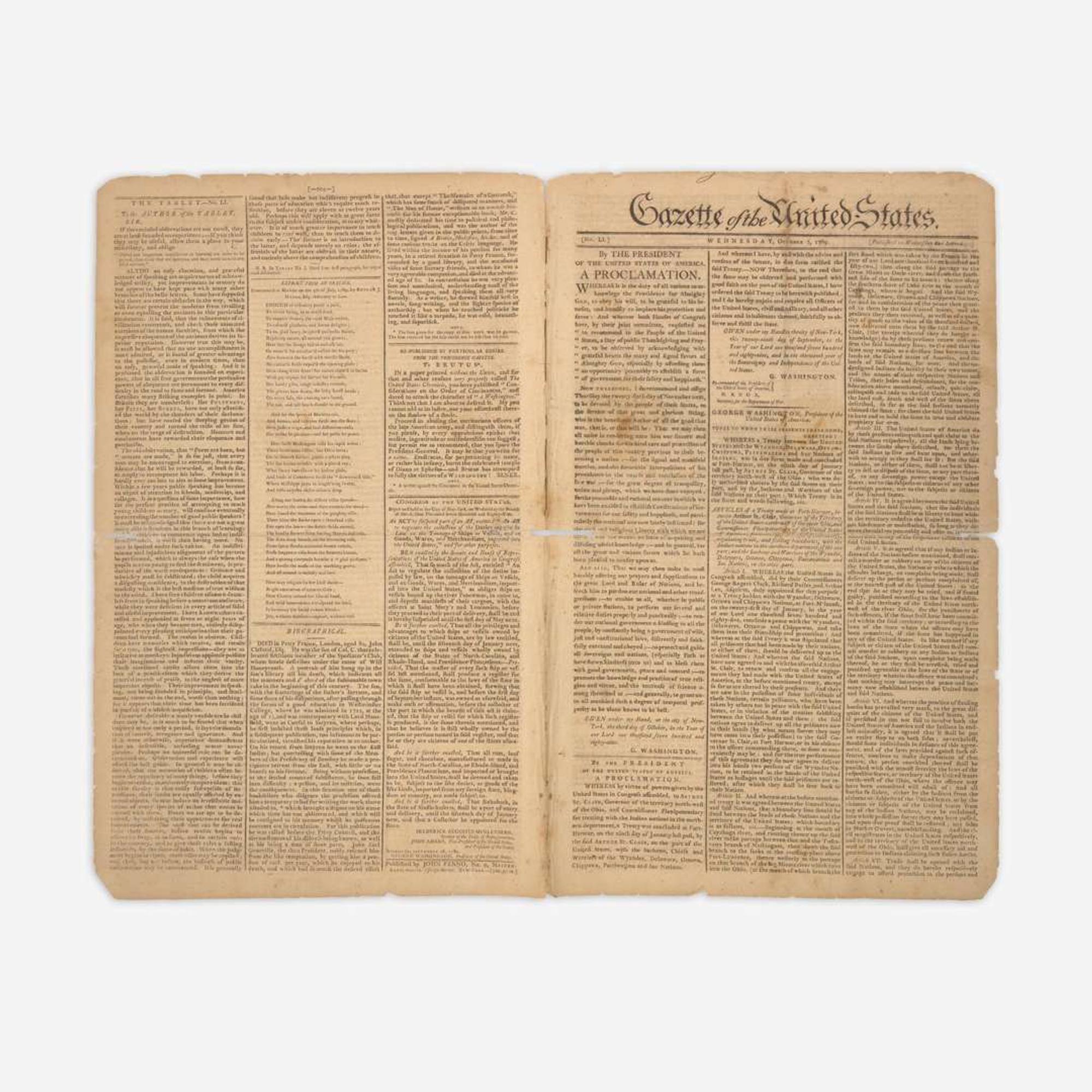 [Washington, George] [First Thanksgiving Proclamation] Gazette of the United States