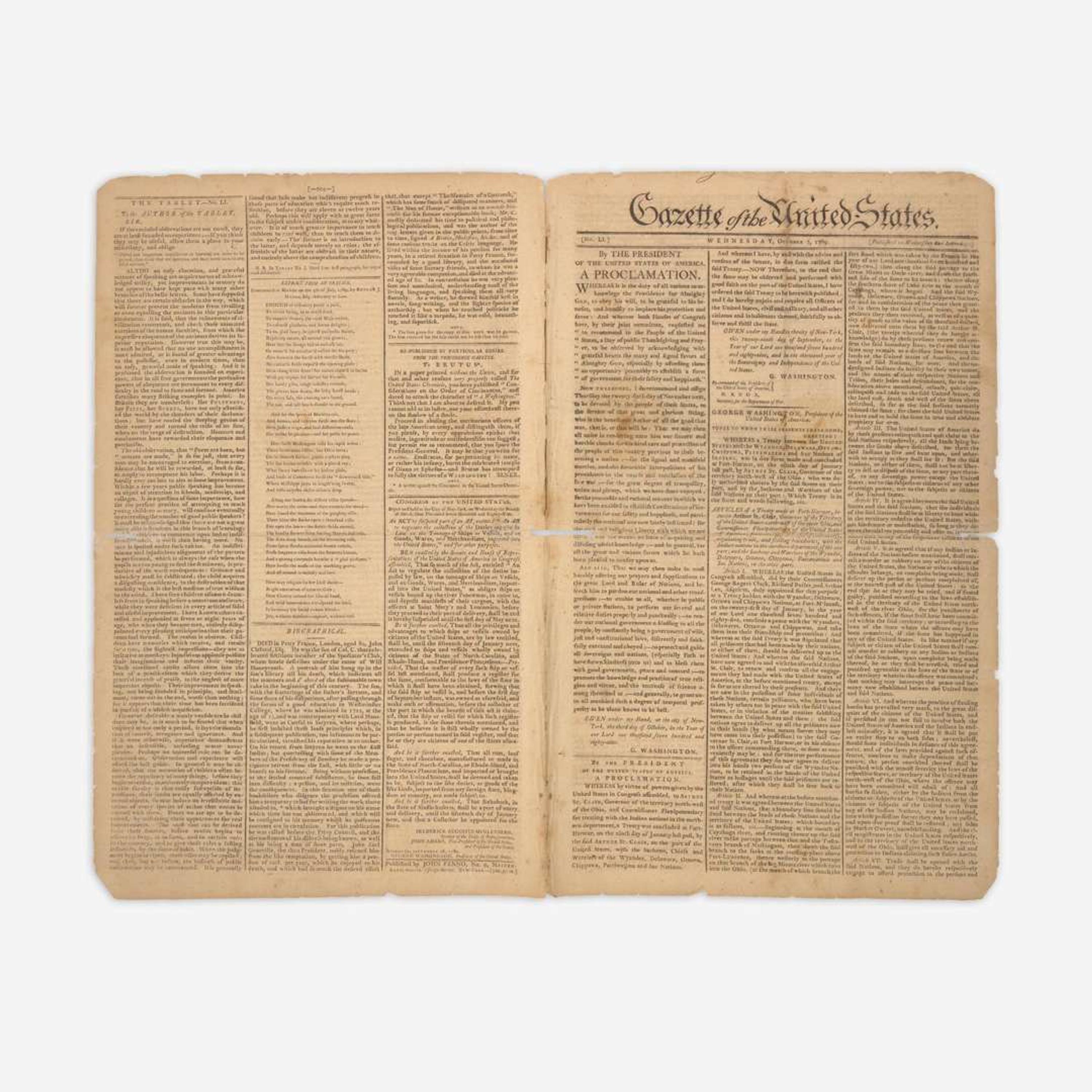 [Washington, George] [First Thanksgiving Proclamation] Gazette of the United States