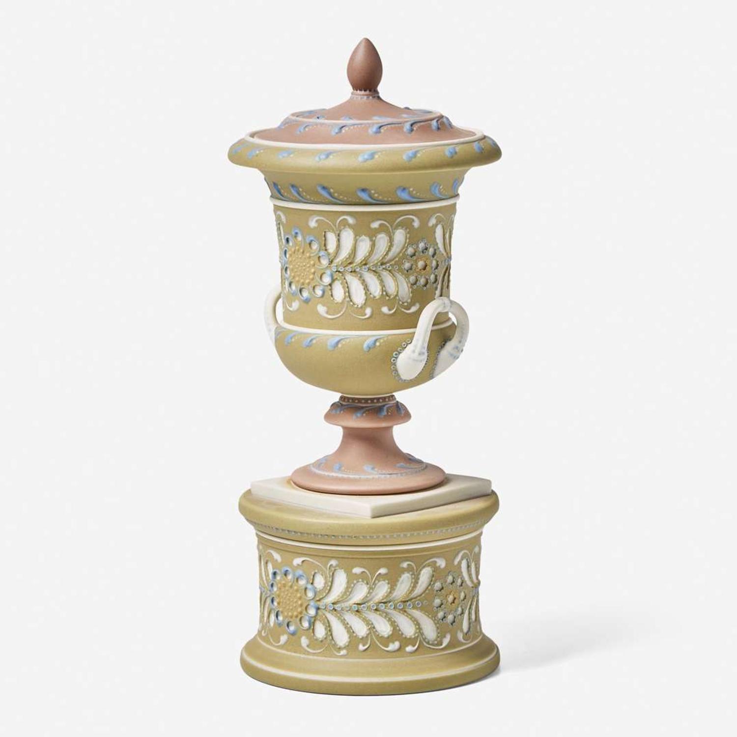A Harry Barnard Four-Color Dip Jasperware Covered Vase on Stand UK, early 20th century