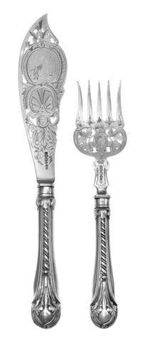 A Victorian Silver Fish Serving Set, Atkin Brothers, Sheffield, 1861, comprising a knife and a serving fork, each having a foliate deco