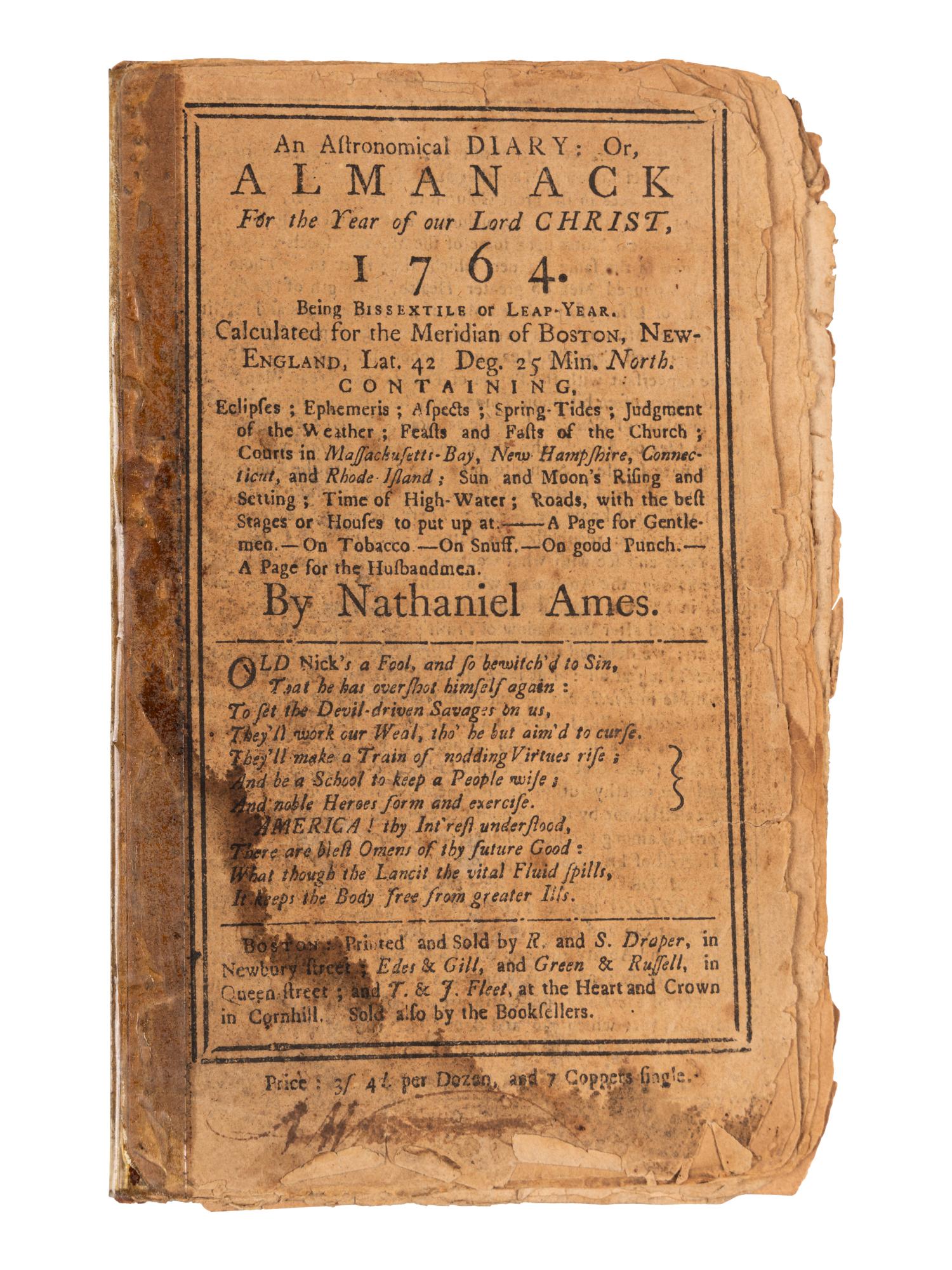 [ALMANAC - BOSTON]. AMES, Nathaniel (1708-1764). An Astronomical Diary, or an Almanack For the Year of our Lord Christ, 1761 . Boston [i.e. New London, CT]: John Draper et al [i.e. Timothy Green], [1761].