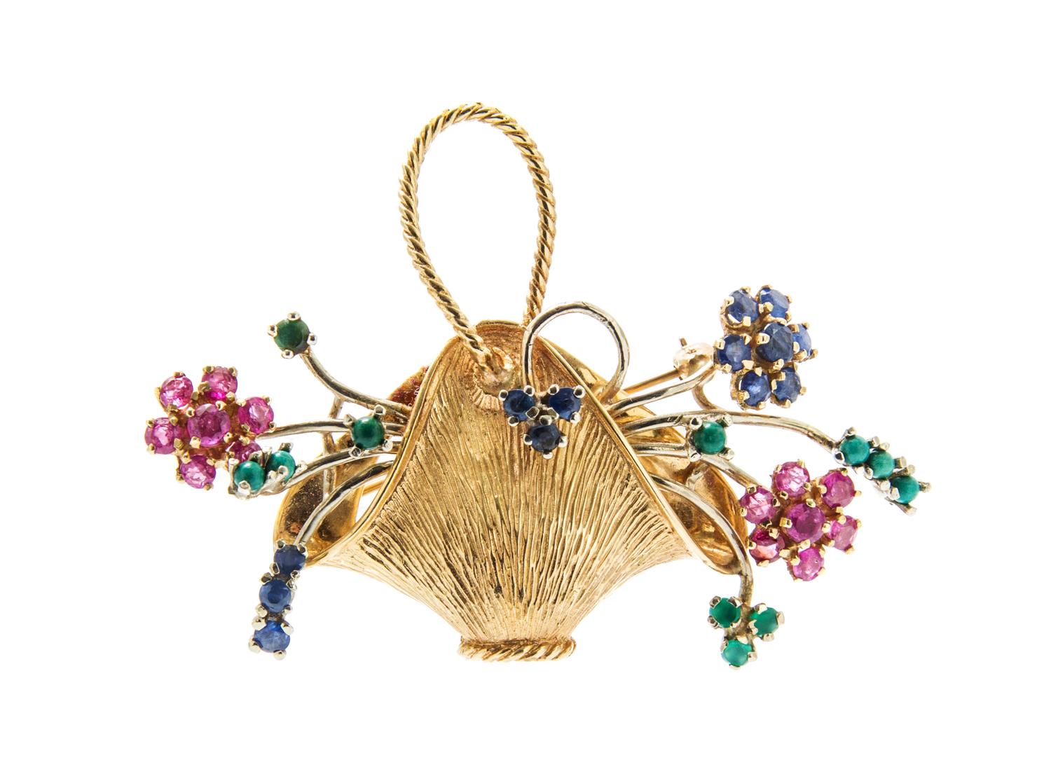 A 14 Karat Yellow Gold, Sapphire, Ruby, Emerald and Turquoise Flower Basket Brooch, 8.40 dwts.