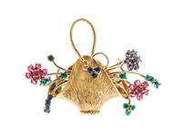 A 14 Karat Yellow Gold, Sapphire, Ruby, Emerald and Turquoise Flower Basket Brooch, 8.40 dwts.