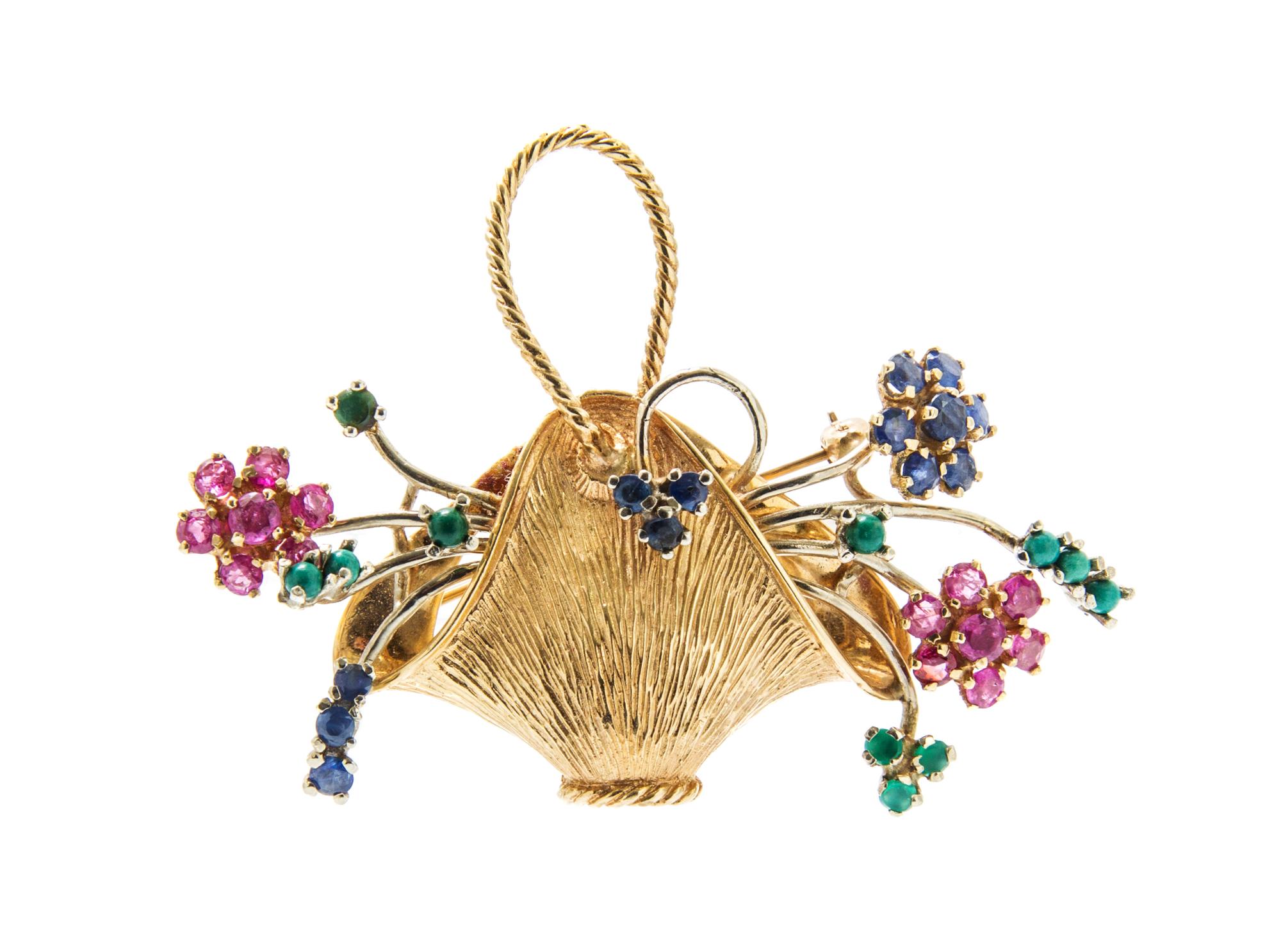 A 14 Karat Yellow Gold, Sapphire, Ruby, Emerald and Turquoise Flower Basket Brooch, 8.40 dwts.